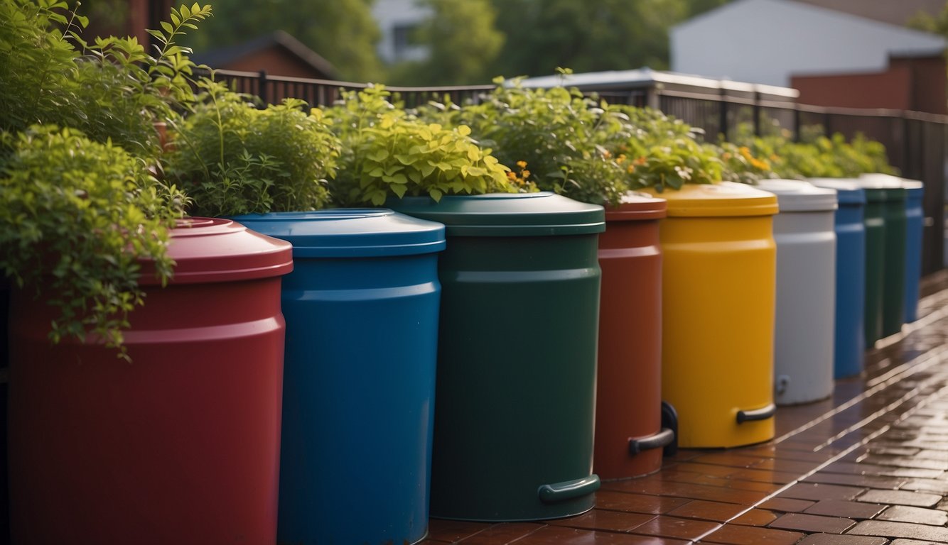 A rooftop garden with large rain barrels, connected to a gutter system, capturing and storing rainwater for urban use