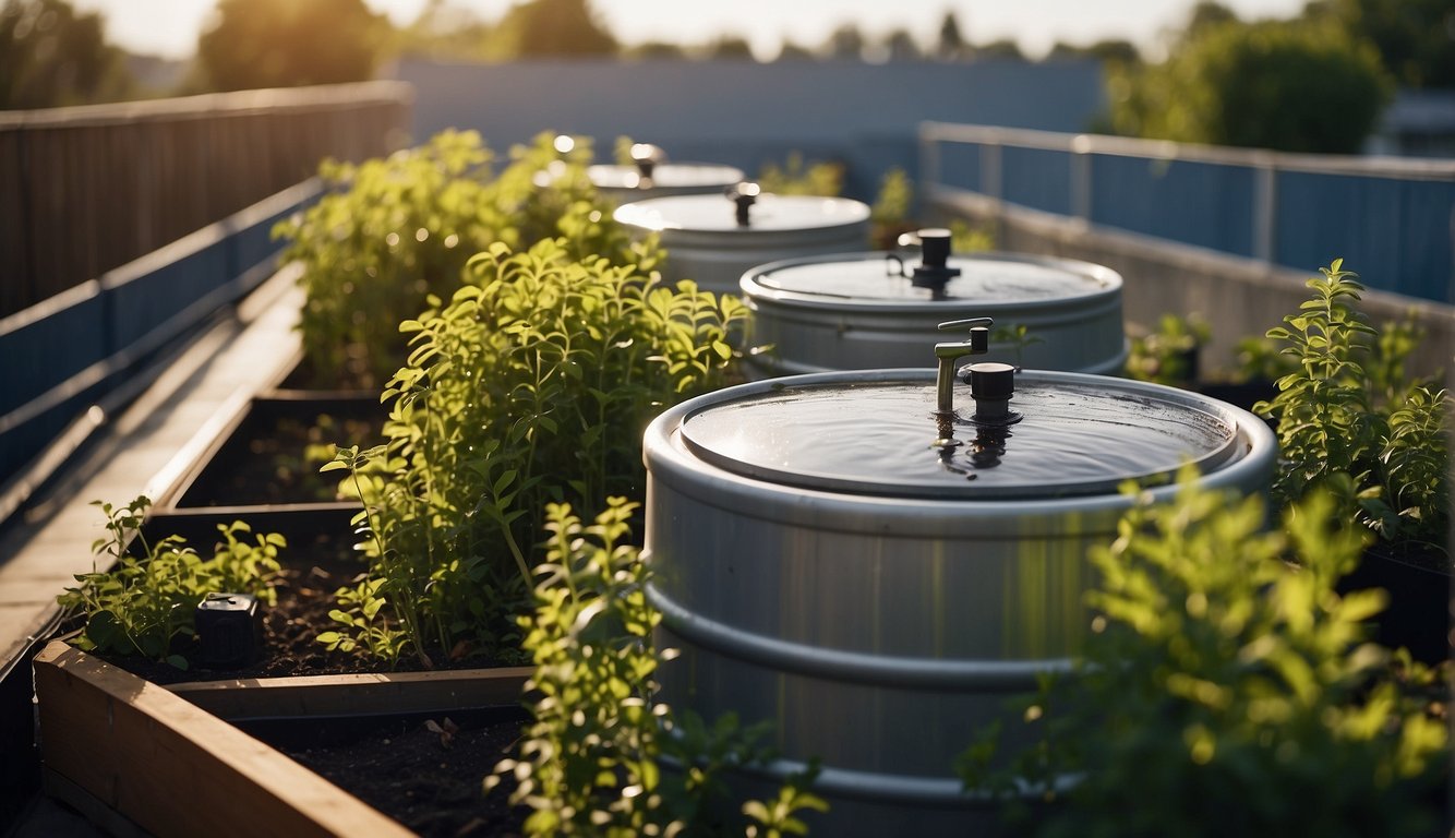 A rooftop garden collects rainwater in barrels. Gutters direct water into storage tanks. A pump system distributes water for urban gardening