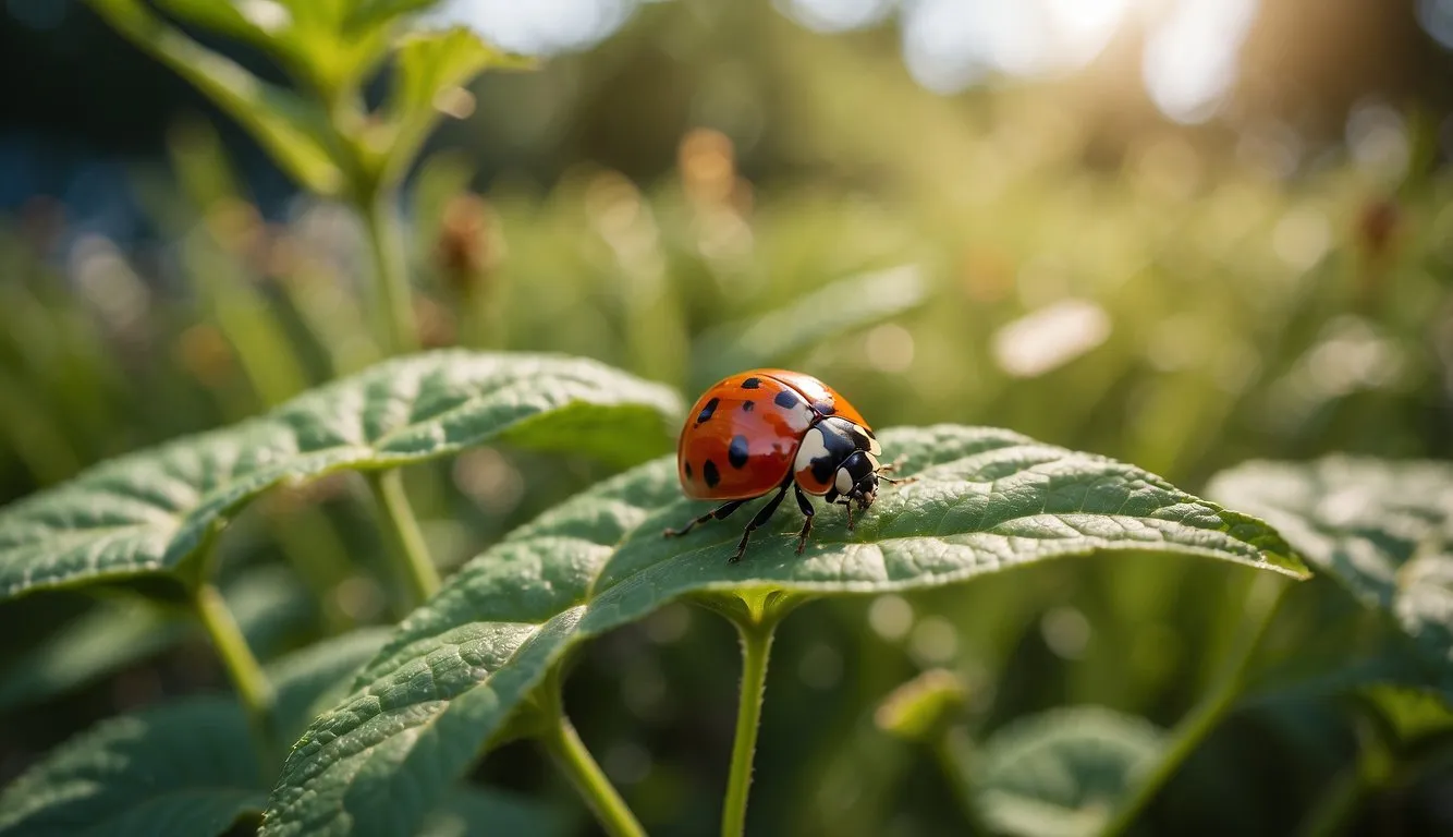 A garden with natural pest control methods: ladybugs, birds, and beneficial insects among plants. No chemicals in sight