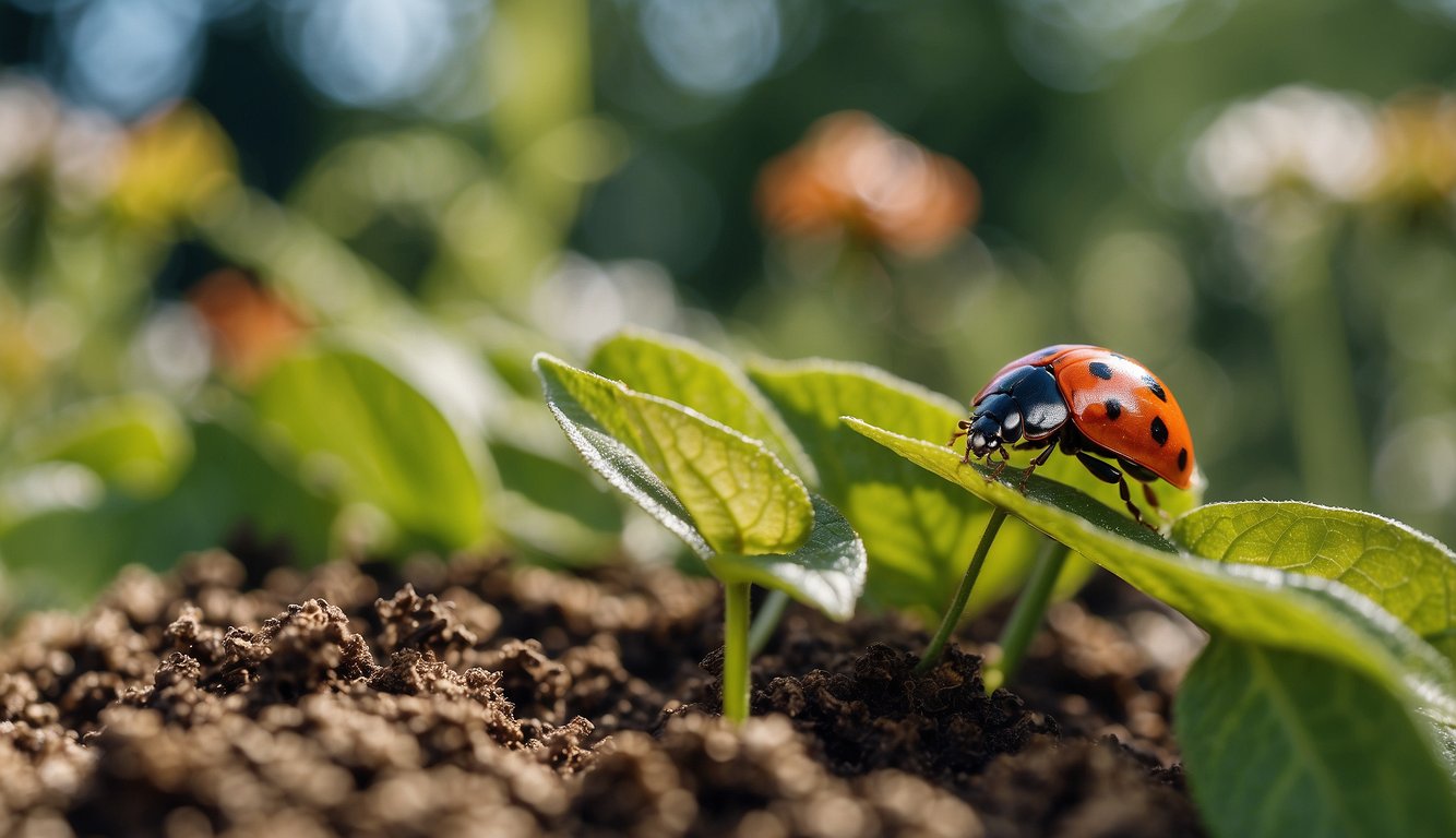 A garden with natural pest control methods: ladybugs on plants, birdhouses, and compost piles. No chemicals in sight