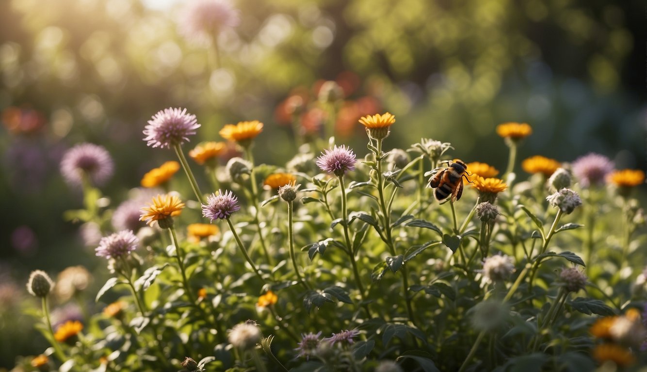 A garden with diverse plants and flowers, attracting bees, ladybugs, and birds. No signs of chemical pesticides, but instead, natural pest control methods like companion planting and beneficial insect habitats