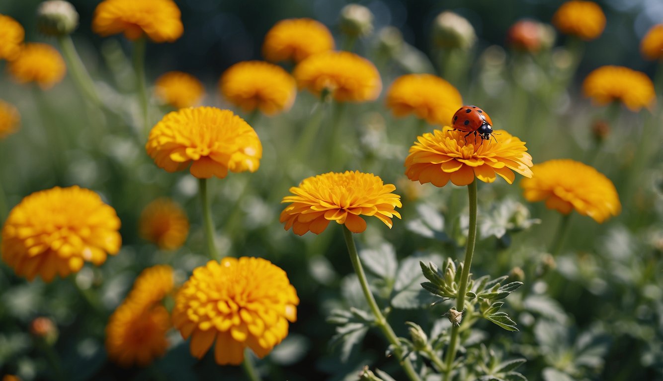 Garden with natural pest control methods: ladybugs, birds, and plants like marigolds. No chemical pesticides present