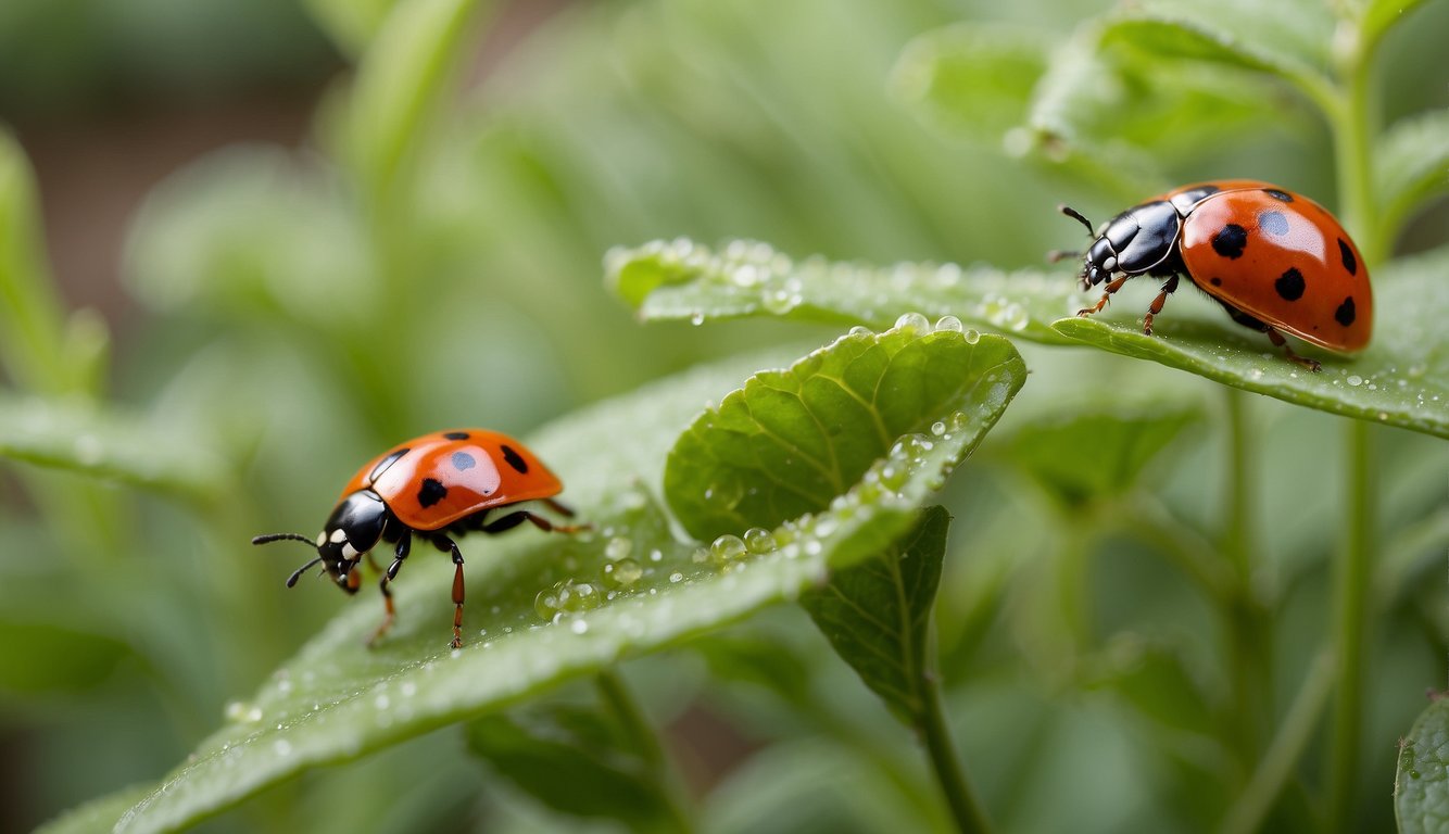 A garden with natural pest control methods in action: ladybugs eating aphids, plants with companion planting, and insect-repelling herbs