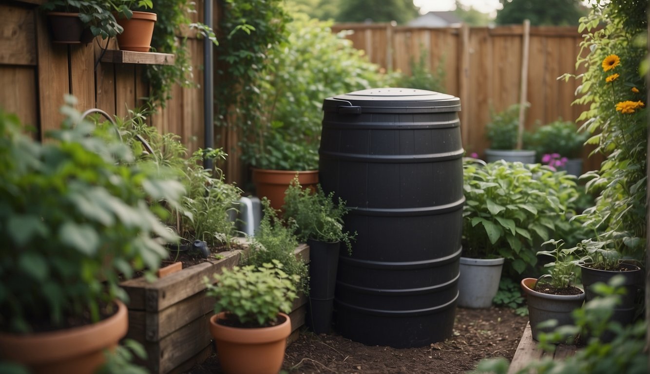 A rain barrel collects water from a downspout next to a small urban garden. The garden is filled with potted plants and herbs, and the barrel is surrounded by a trellis with climbing vines
