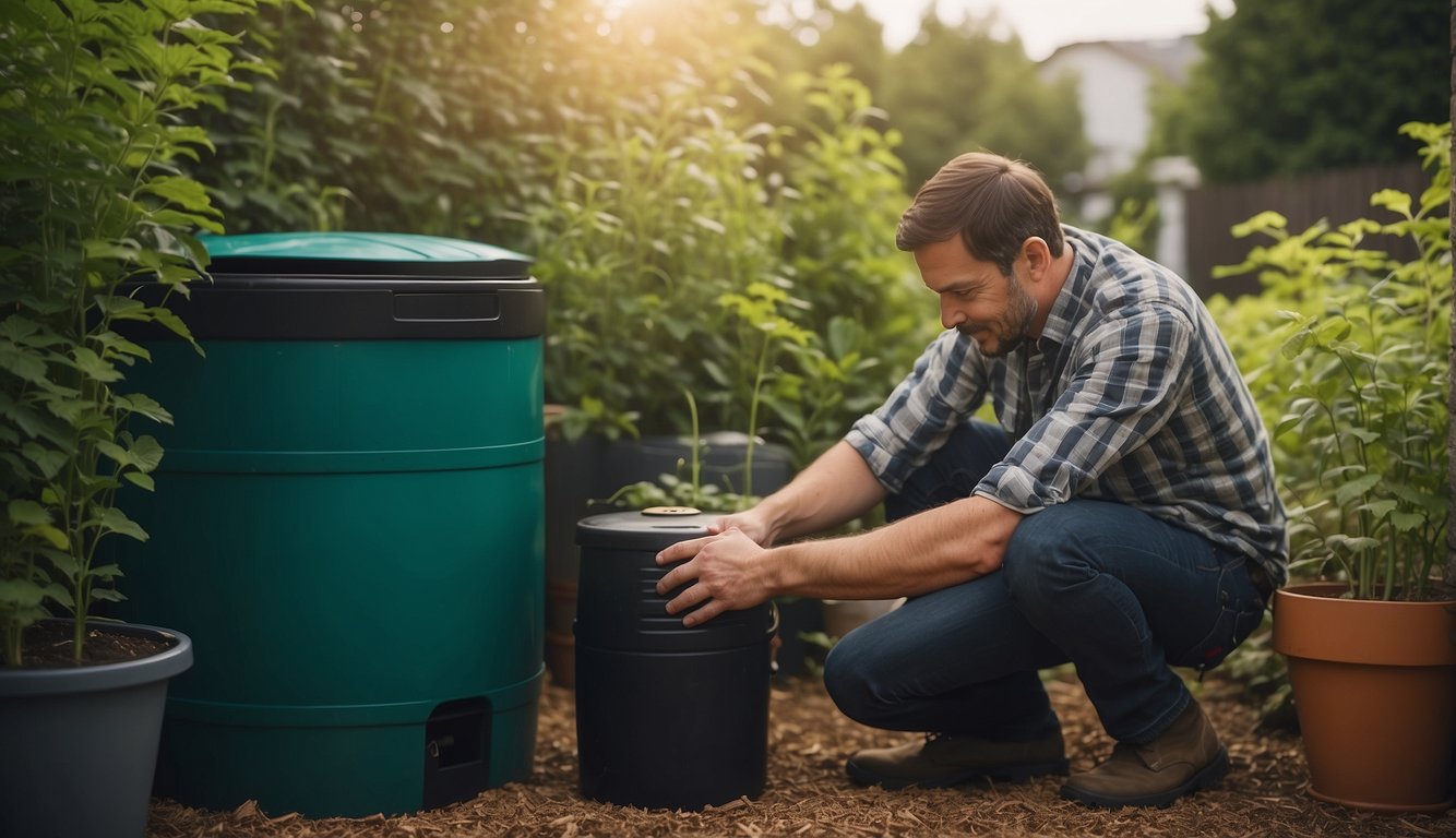 A person measures and installs rain barrels in a small urban garden to collect and store water for DIY gardening