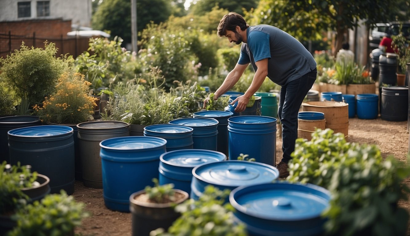 A person selecting various containers for water storage in an urban garden, including barrels, buckets, and watering cans