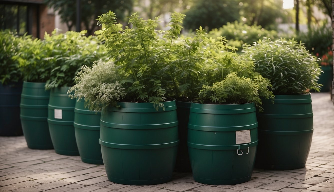 Lush green plants arranged in urban garden. DIY water storage barrels nearby