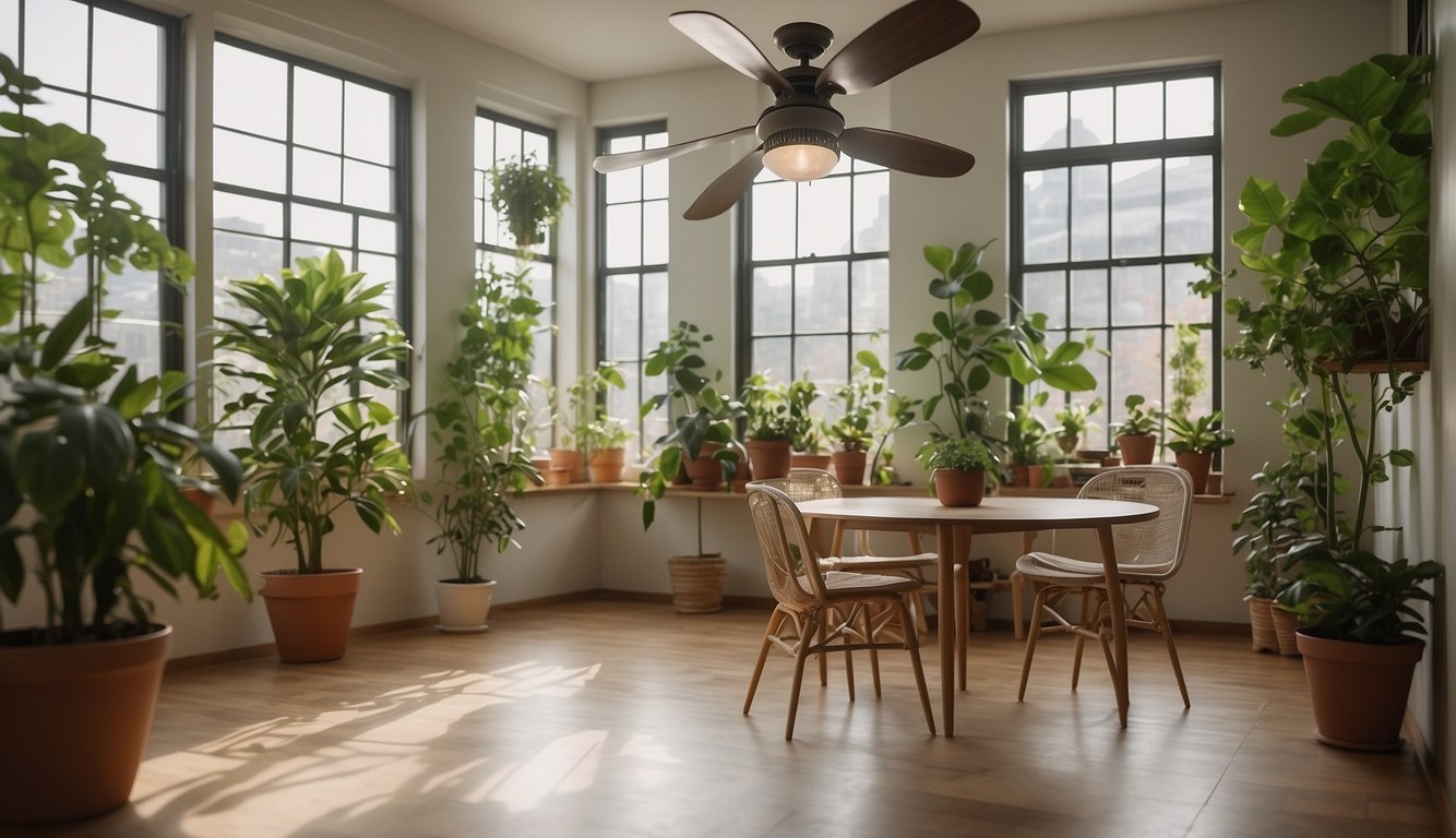 A room with potted plants, open windows, and a ceiling fan creating a sense of airiness and freshness