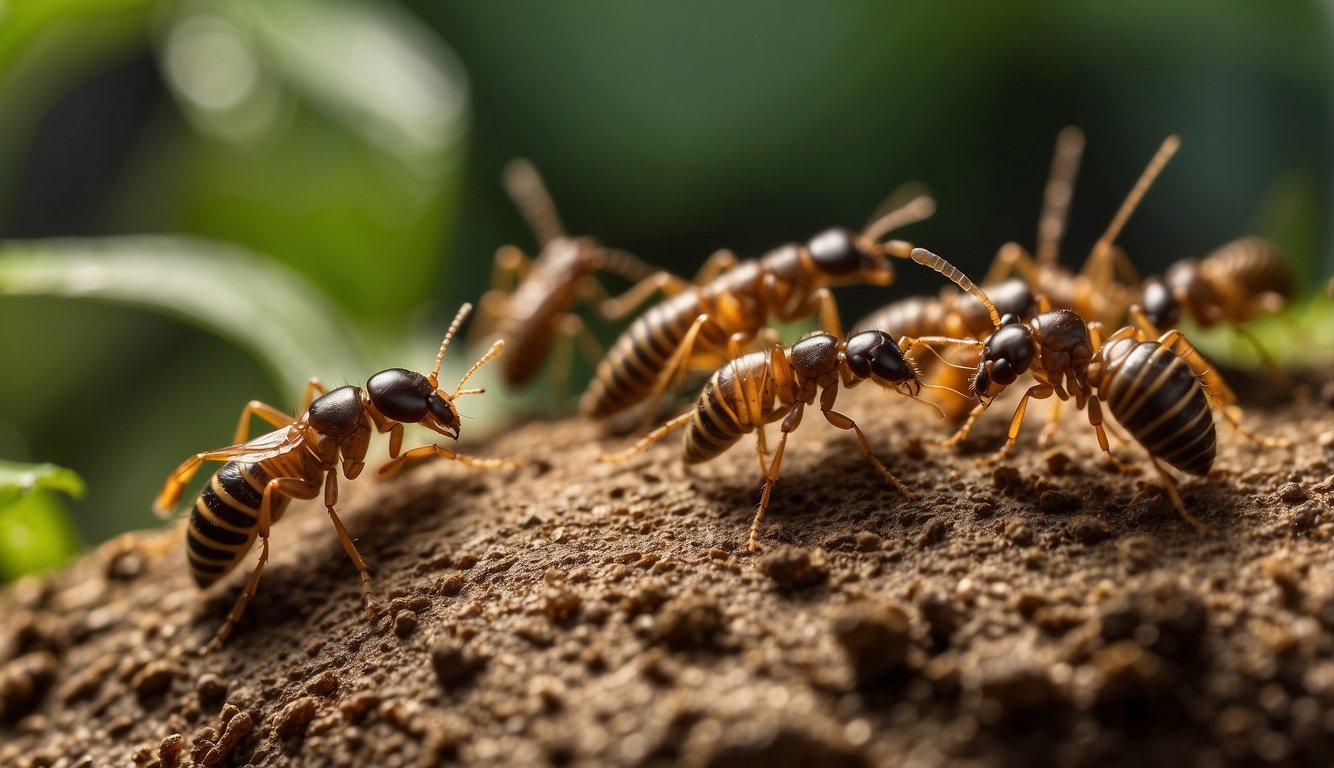 A group of termites is peacefully coexisting with a family of ants in a lush, green garden. The termites are being gently guided away from the house by a natural, eco-friendly termite control method