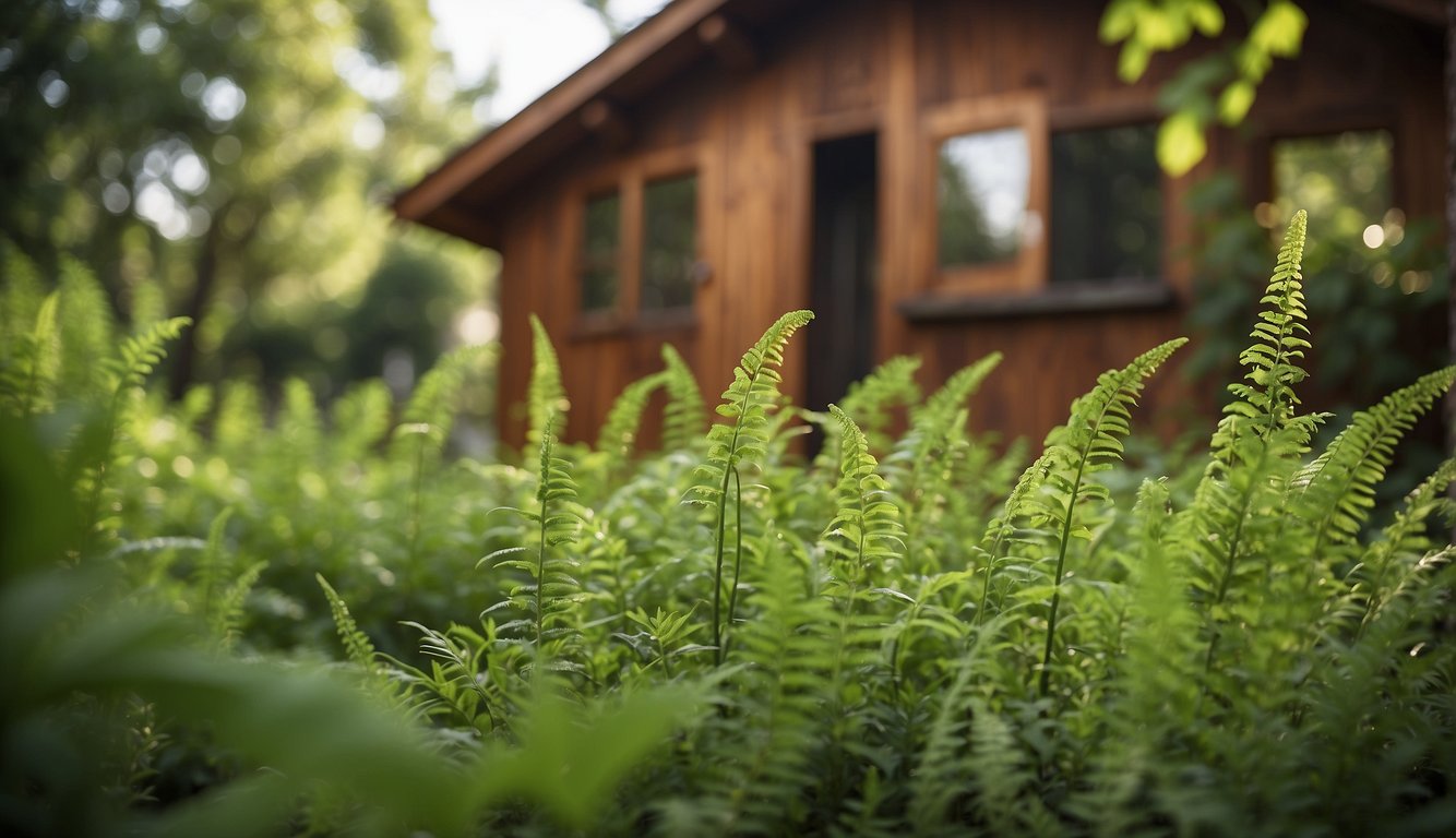 A lush green garden with a wooden house treated with eco-friendly termite control. Signs of early detection and preventive measures evident