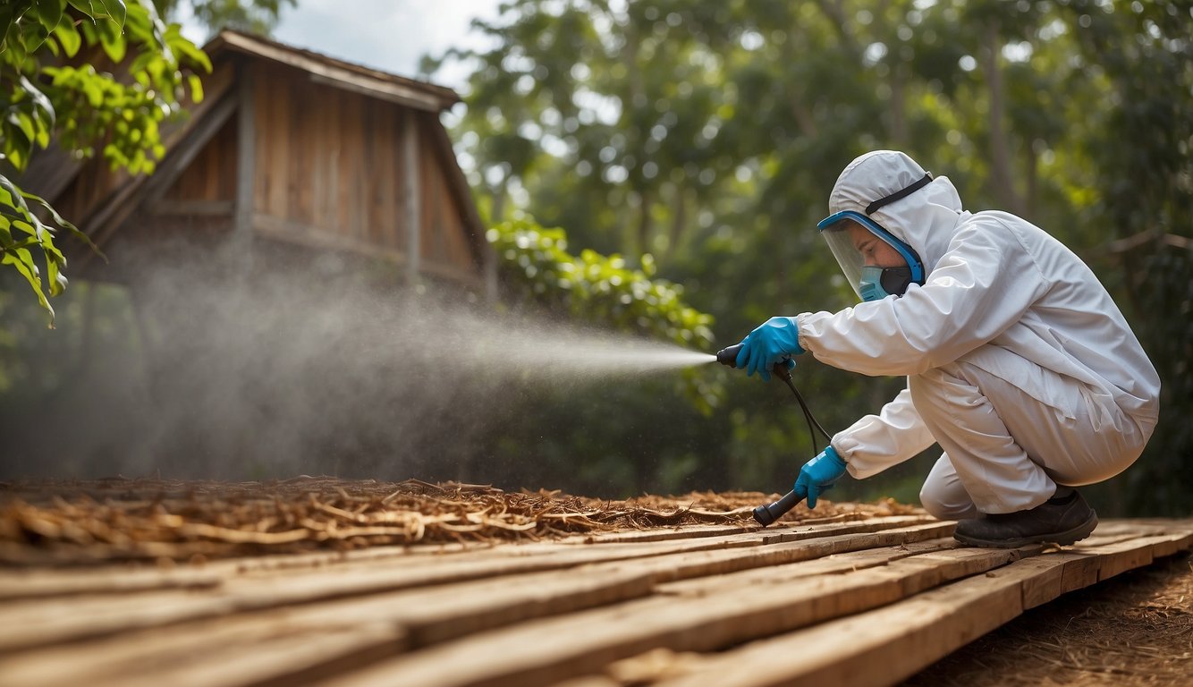 A technician sprays eco-friendly solution on a termite-infested wooden structure, ensuring thorough coverage for effective pest control