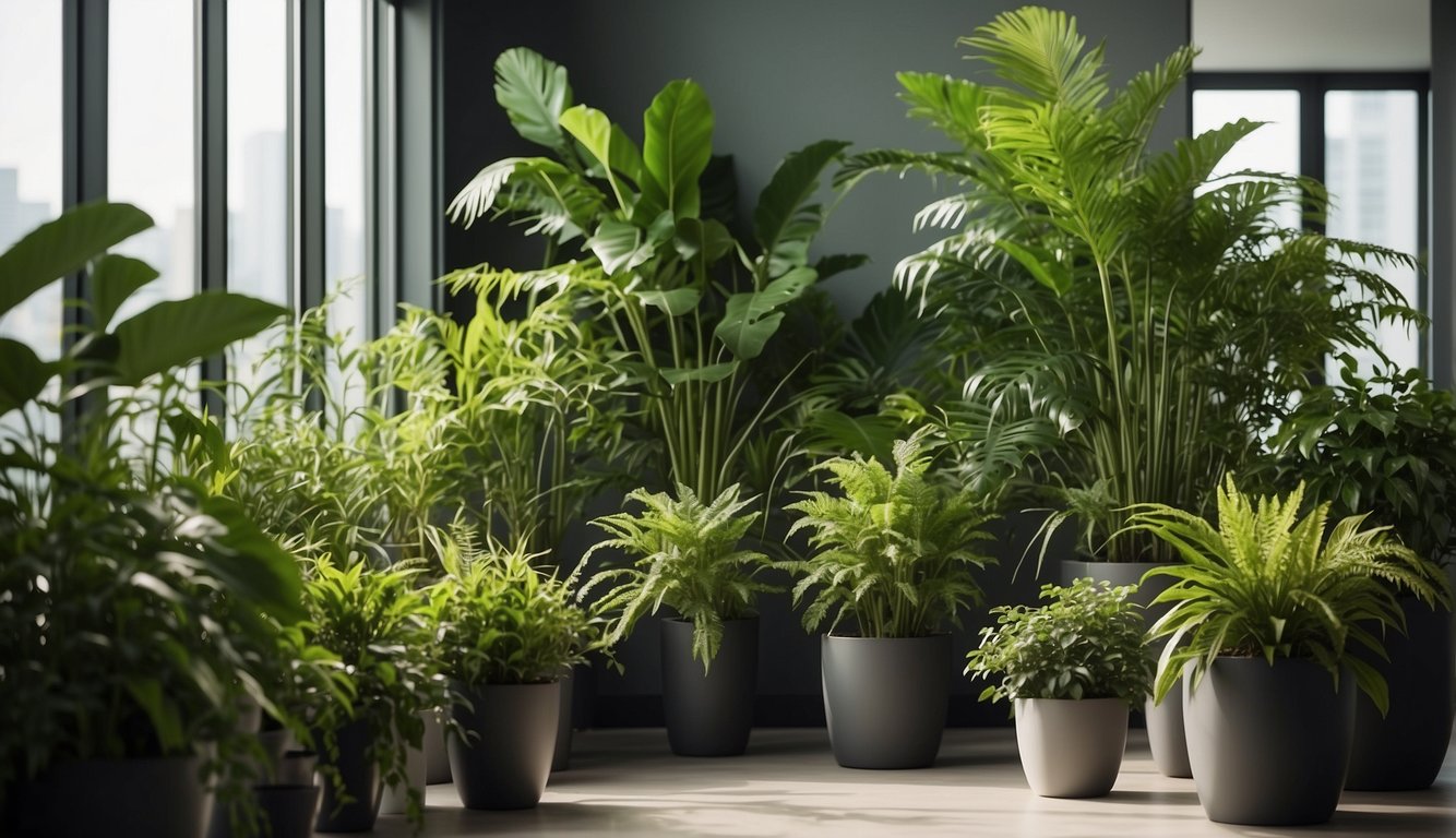 Lush green plants purify the air in a modern, sunlit room. A variety of leafy plants are placed strategically around the space, creating a natural and healthy atmosphere