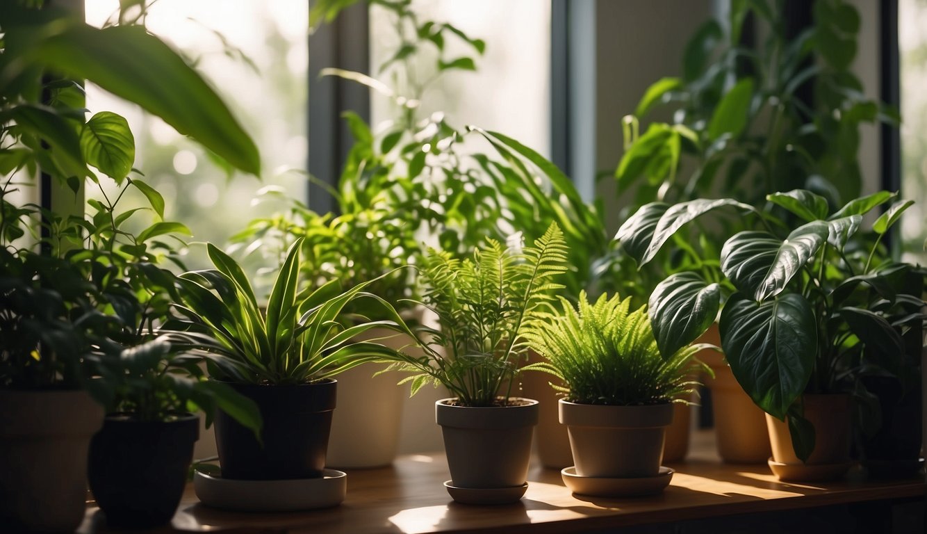 Lush indoor plants purify the air in a cozy living room, with sunlight streaming through the window onto the vibrant green leaves