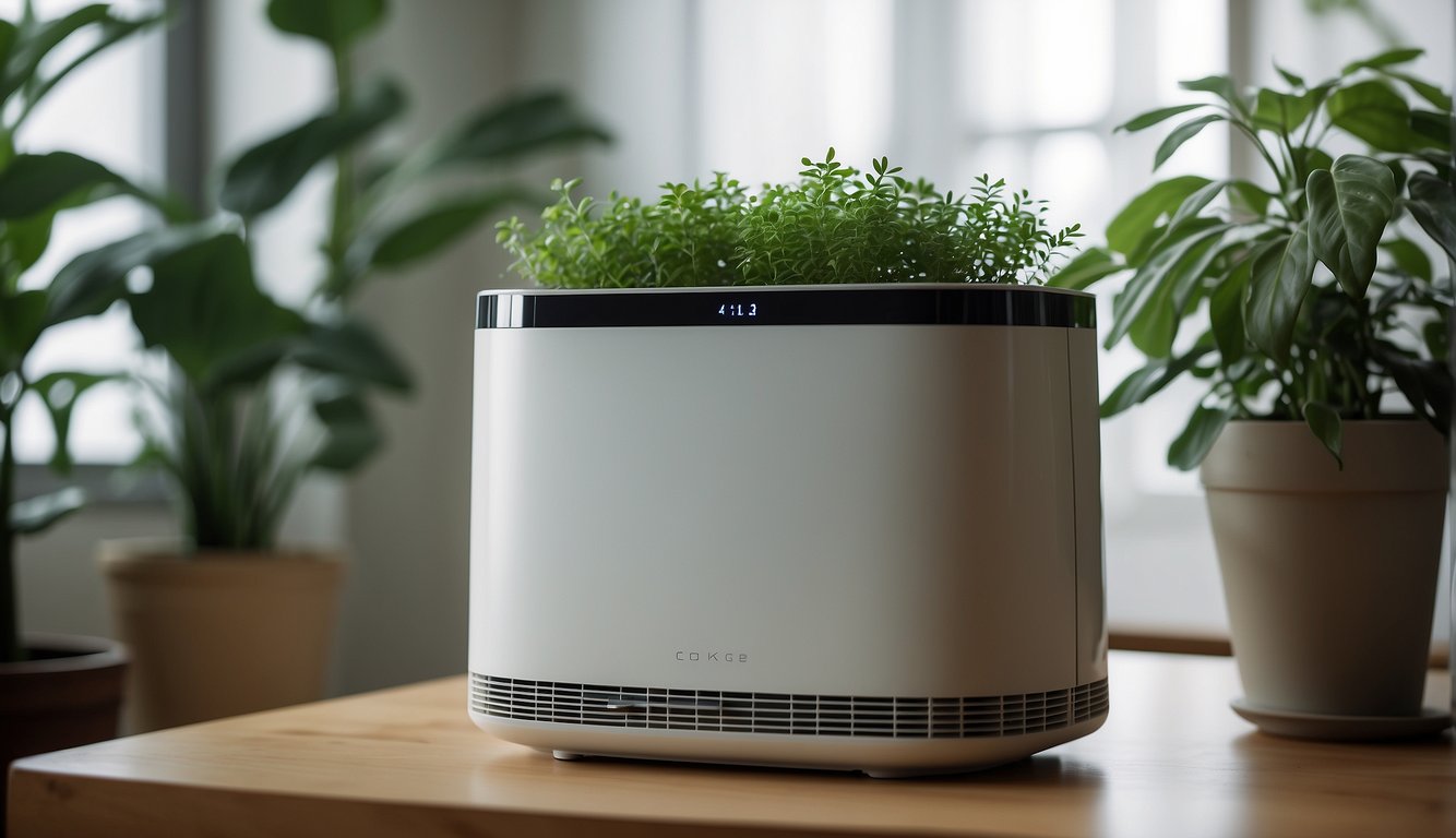 Lush green plants surround a sleek air purifier, creating a natural and refreshing atmosphere. The purifier is surrounded by a halo of clean, fresh air