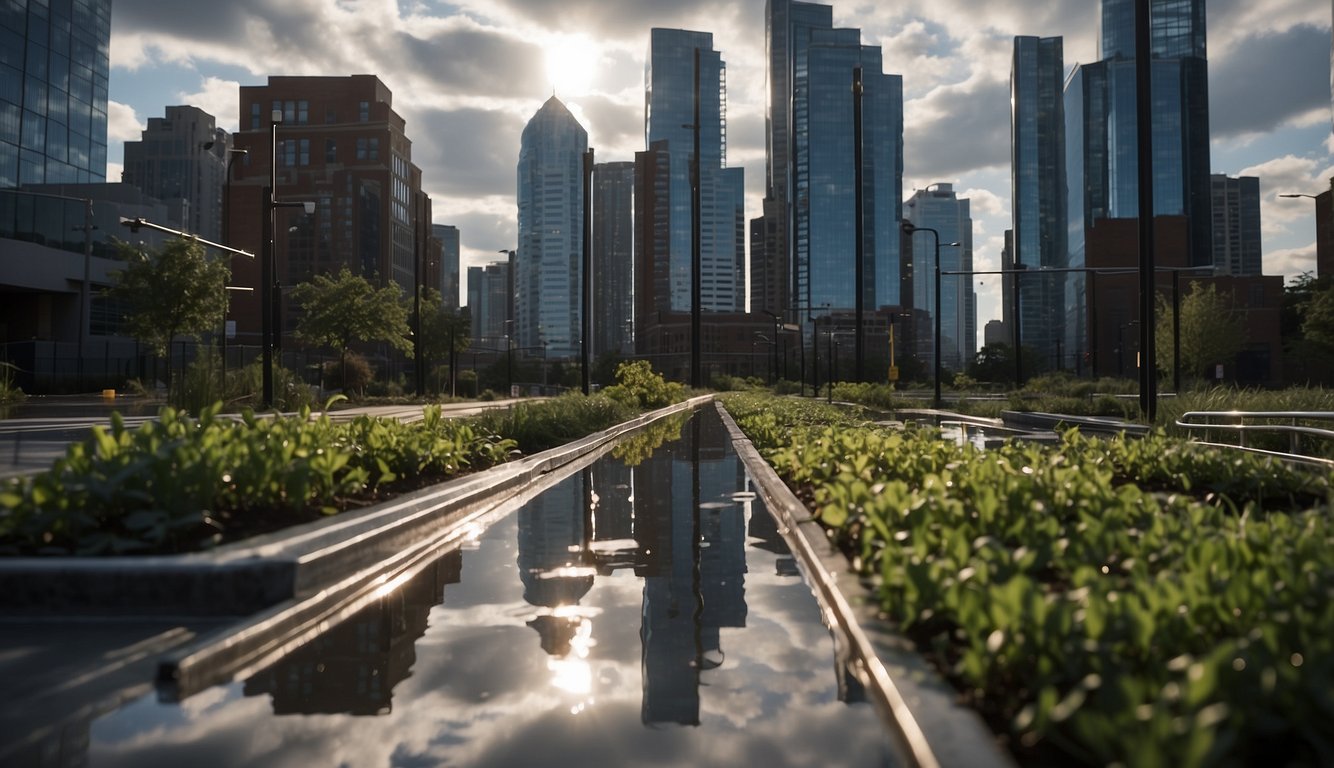 A city skyline with rainwater collection systems on buildings, green infrastructure like rain gardens and permeable pavement, and signs indicating water management policies