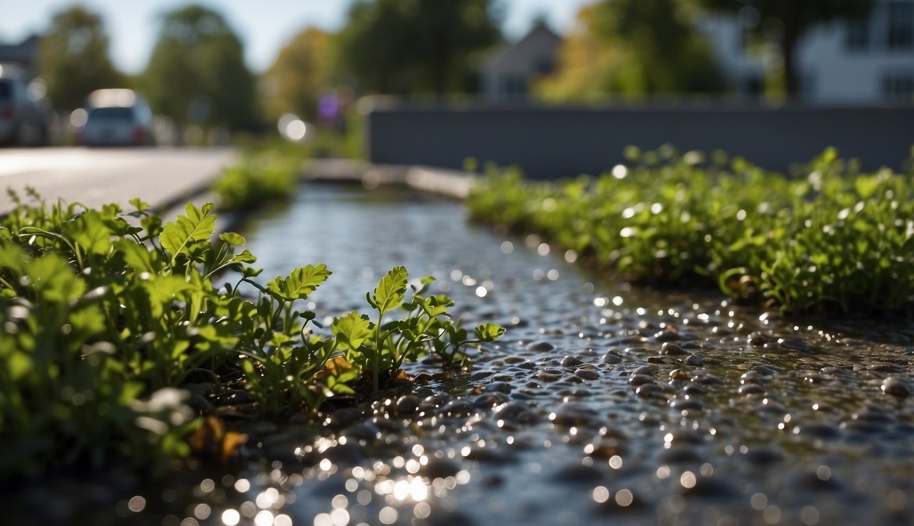 Rainwater flows from rooftops into bioswales and permeable pavement, filtering and infiltrating into the ground. Vegetated areas capture and store stormwater