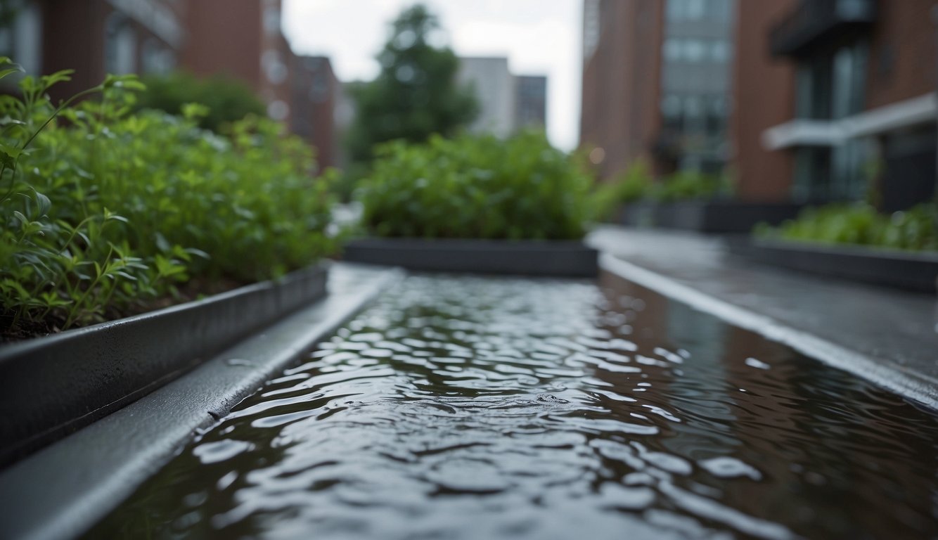 Rainwater flows from rooftops into green infrastructure, like rain gardens and permeable pavement, in an urban setting