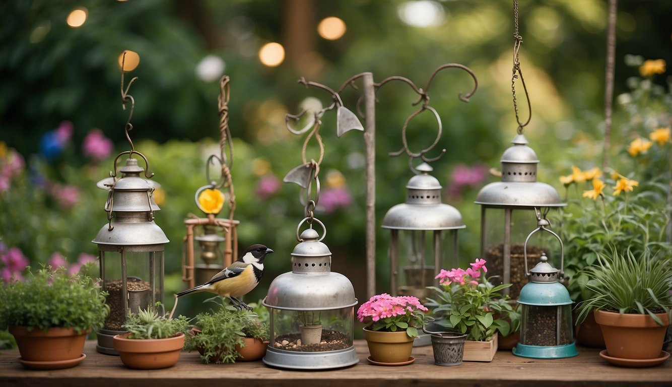 A colorful array of upcycled garden decor, including bird feeders, wind chimes, and planters, displayed in a lush garden setting