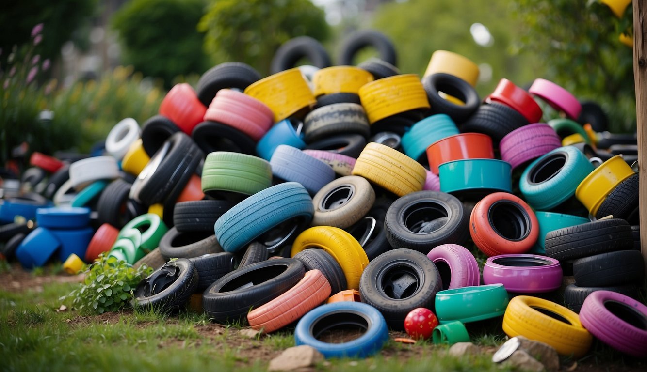 A colorful array of repurposed materials adorn a garden, including old tires, painted cans, and whimsical sculptures