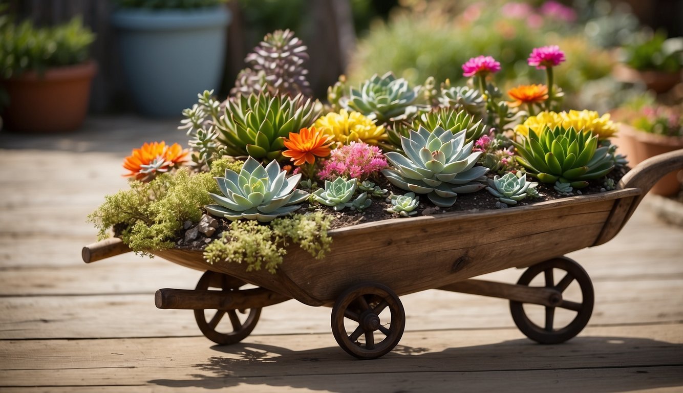 A rustic wooden wheelbarrow overflows with vibrant flowers and succulents, surrounded by repurposed metal and wood garden sculptures