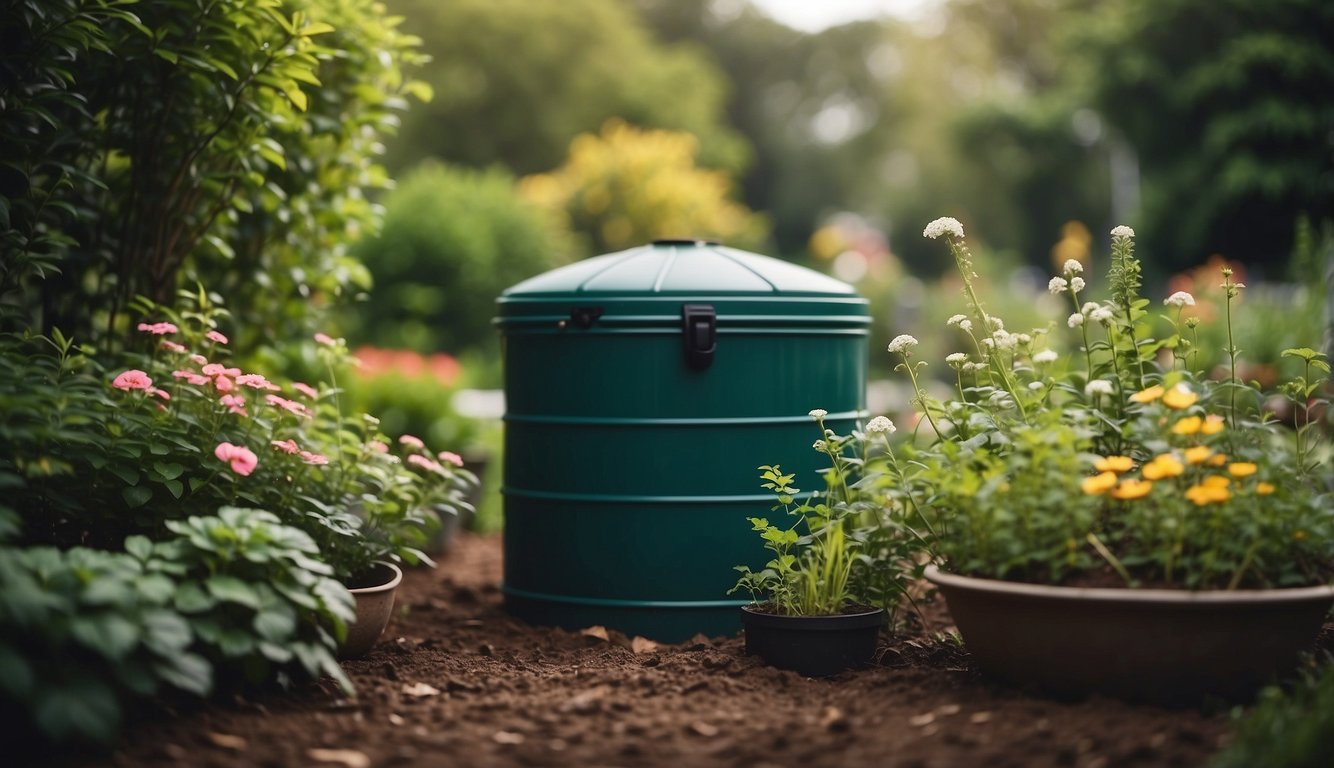 A garden with natural bug-repelling plants, a compost bin, and a rain barrel for eco-friendly bug prevention