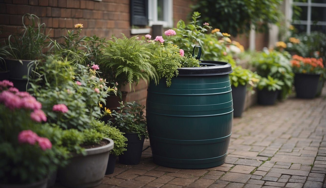 A rain barrel sits in an urban garden, surrounded by potted plants and flowers. A hose is connected to the barrel, watering the garden