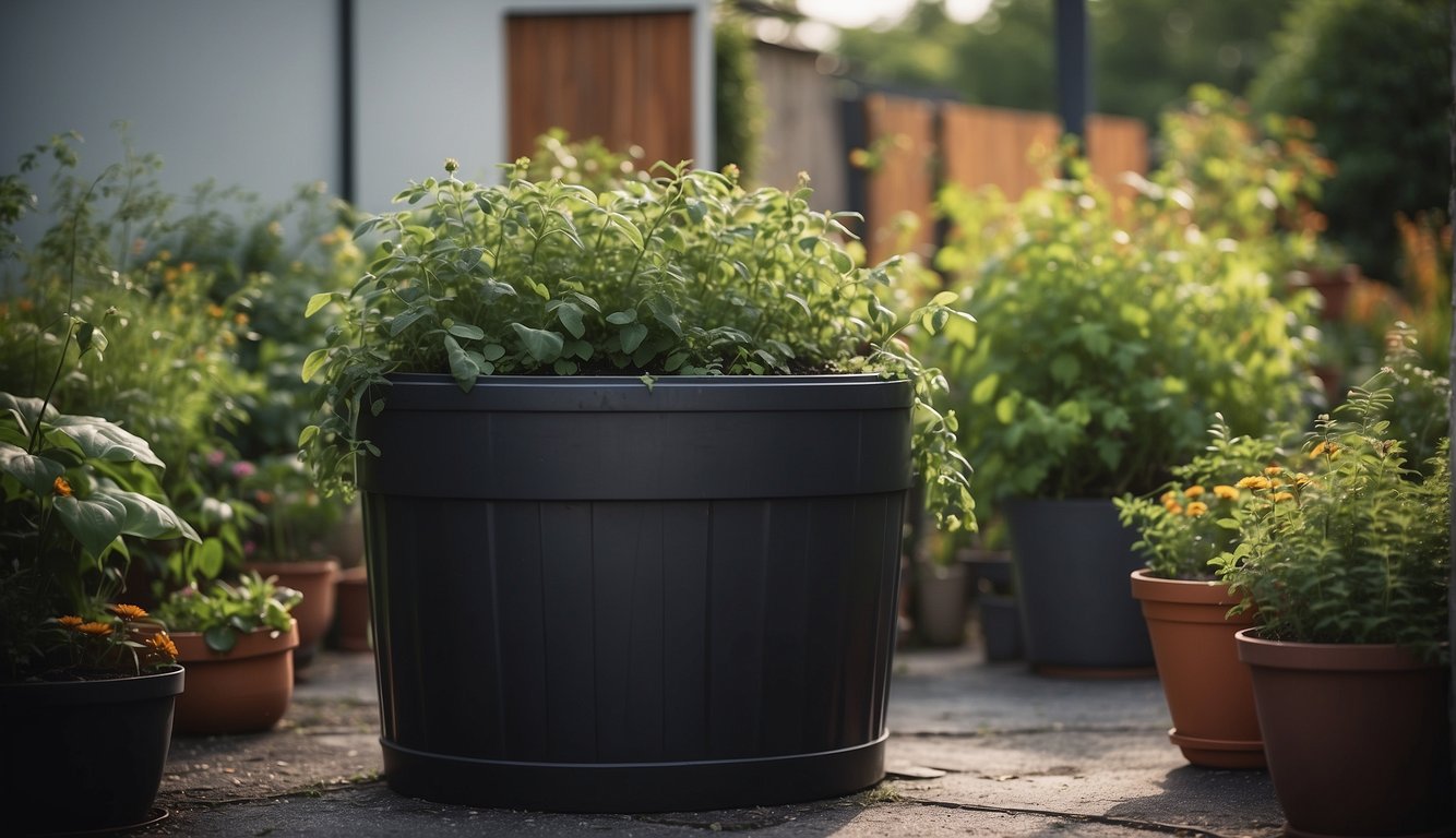 A rain barrel sits next to a modern urban garden, collecting water for sustainable gardening. Lush plants grow in recycled containers, showcasing eco-friendly urban gardening ideas