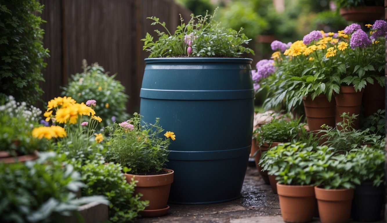 Rain barrel sits in urban garden, surrounded by potted plants and flowers. Water flows from spout into watering can