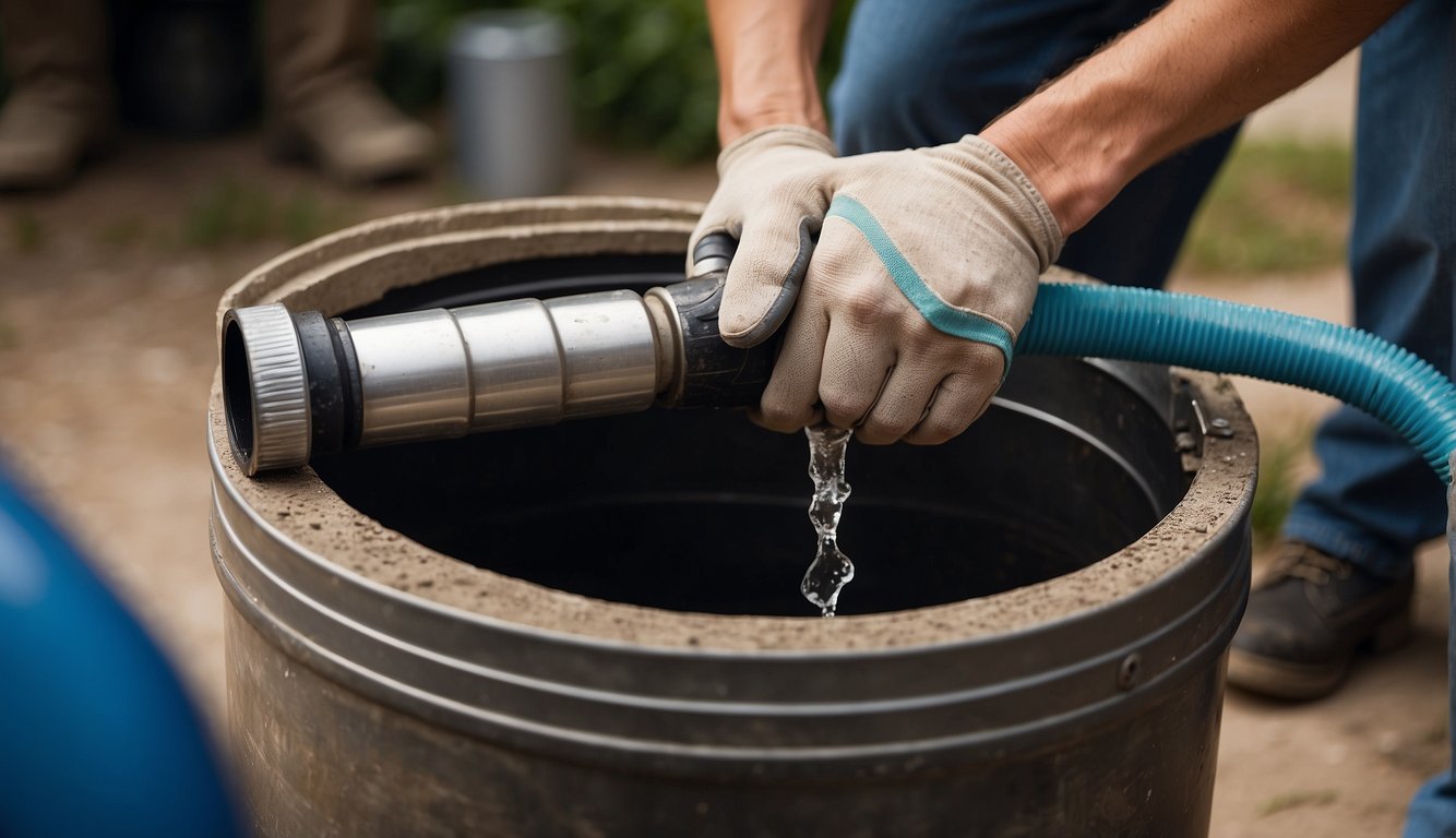 A person drilling a hole in a large plastic barrel, attaching a hose and spigot, and positioning it under a downspout