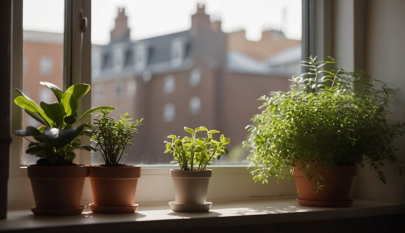 A window is open, letting in fresh air. A plant sits on the windowsill, purifying the air. An air purifier hums softly in the corner, improving the apartment's air quality