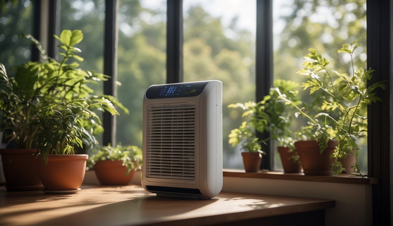 An open window lets in fresh air while a HEPA air purifier hums in the corner, removing dust and allergens from the room