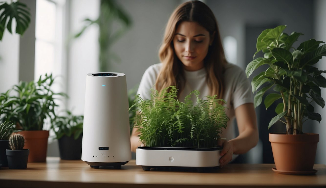 A person selects air purifiers and plants for their apartment to improve air quality