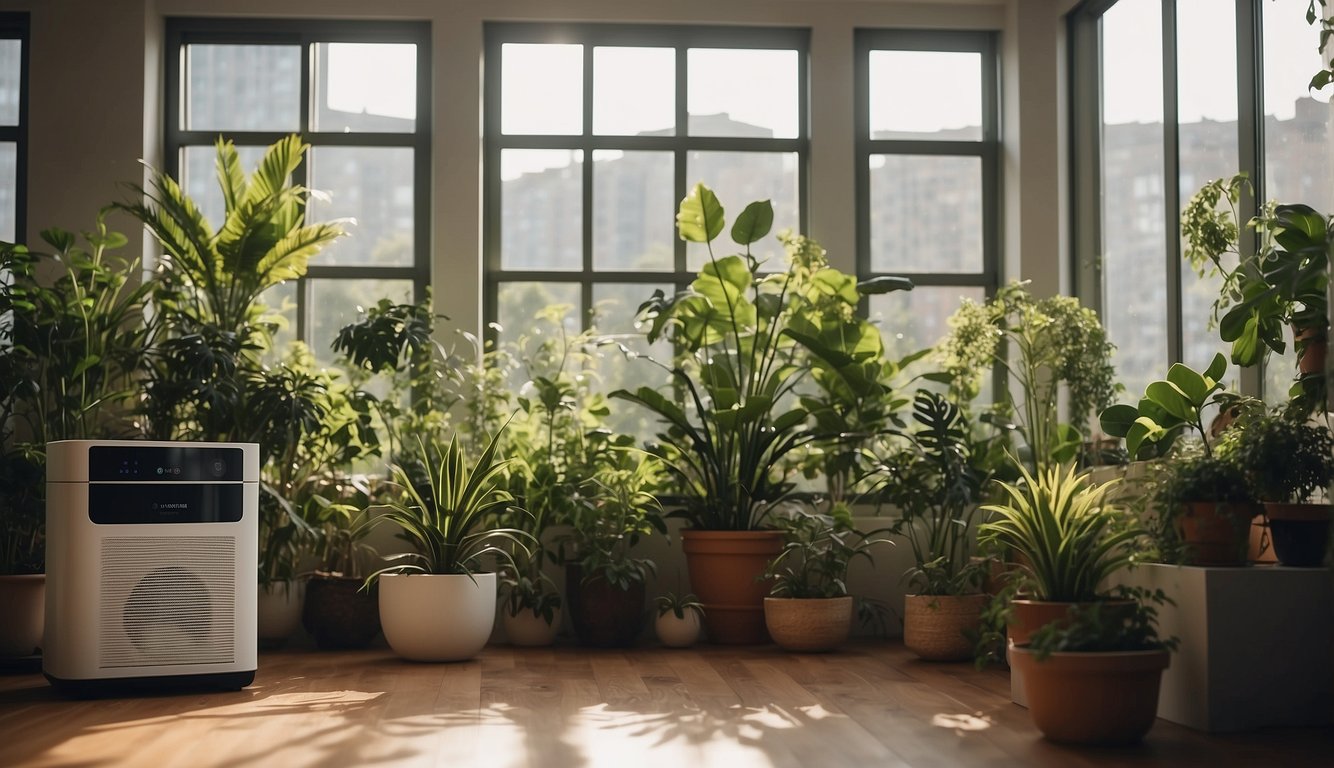 A room with plants, an air purifier, and open windows. Dust and pollutants are being filtered out, leaving fresh, clean air