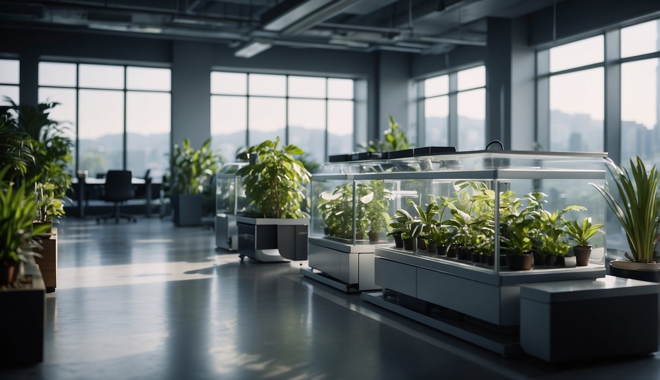 A modern indoor space with advanced air purification systems and research equipment. Various technology devices and plants contribute to clean and fresh air