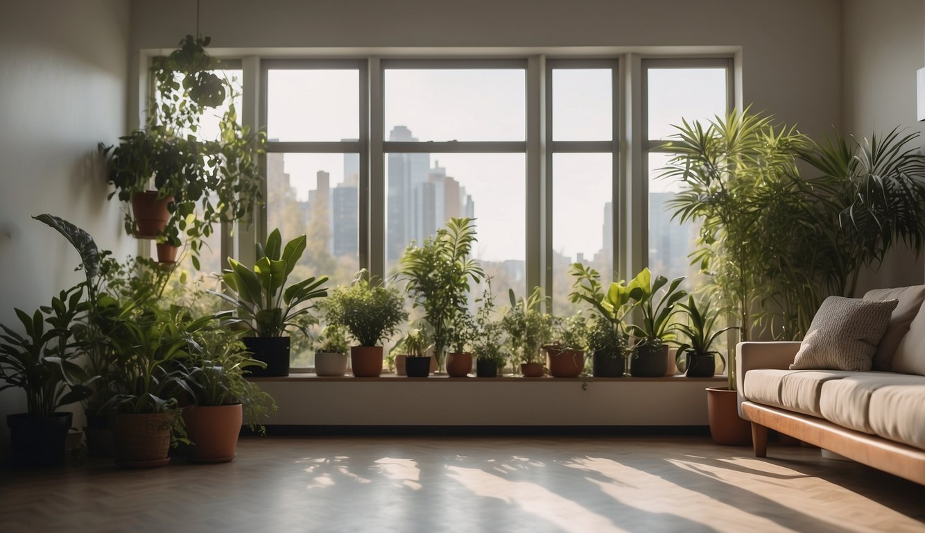 A room with an air purifier running, plants for natural air purification, and open windows for ventilation