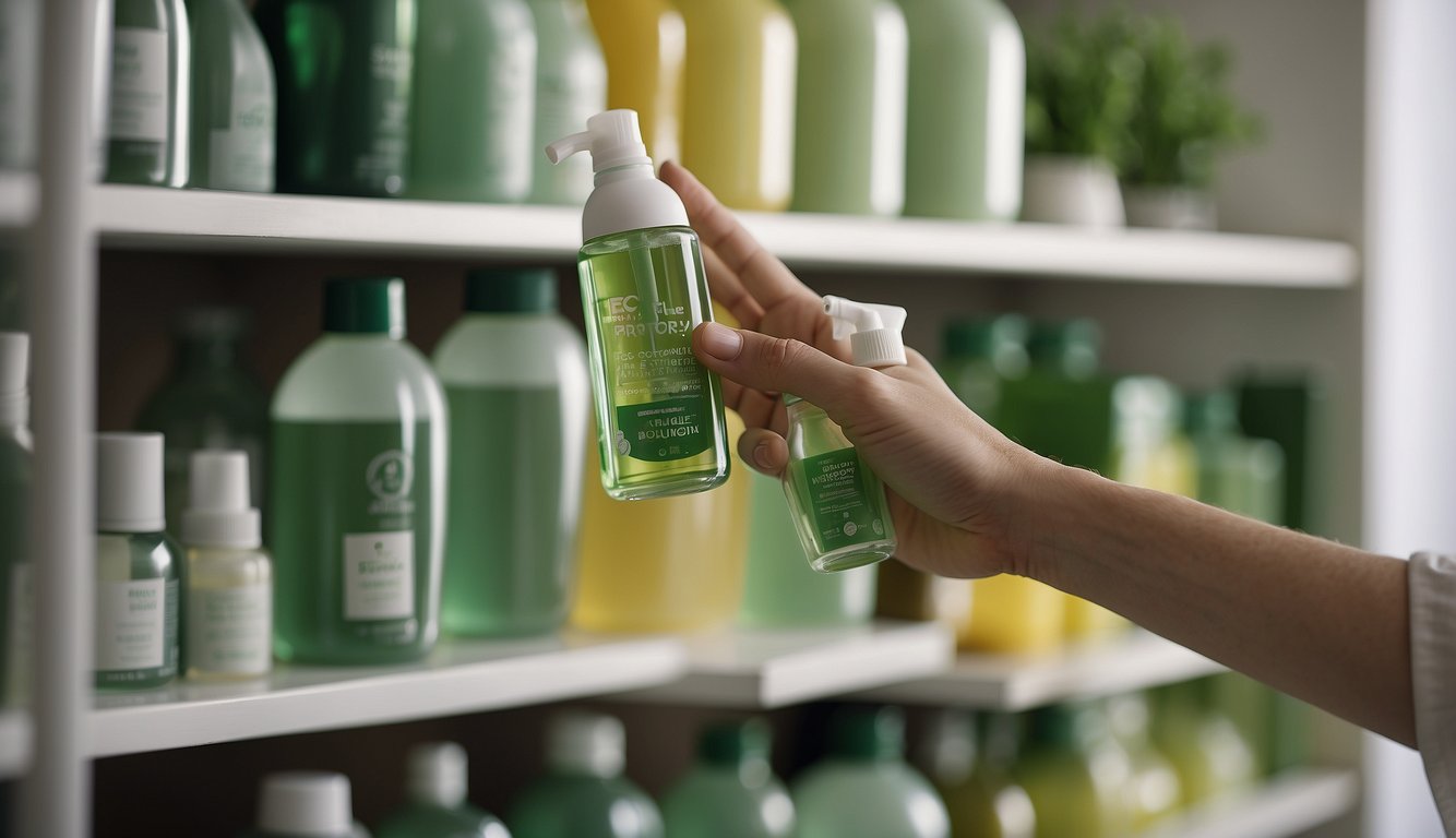 A hand reaches for a bottle of eco-friendly air cleansing solution on a shelf, surrounded by other sustainable cleaning products
