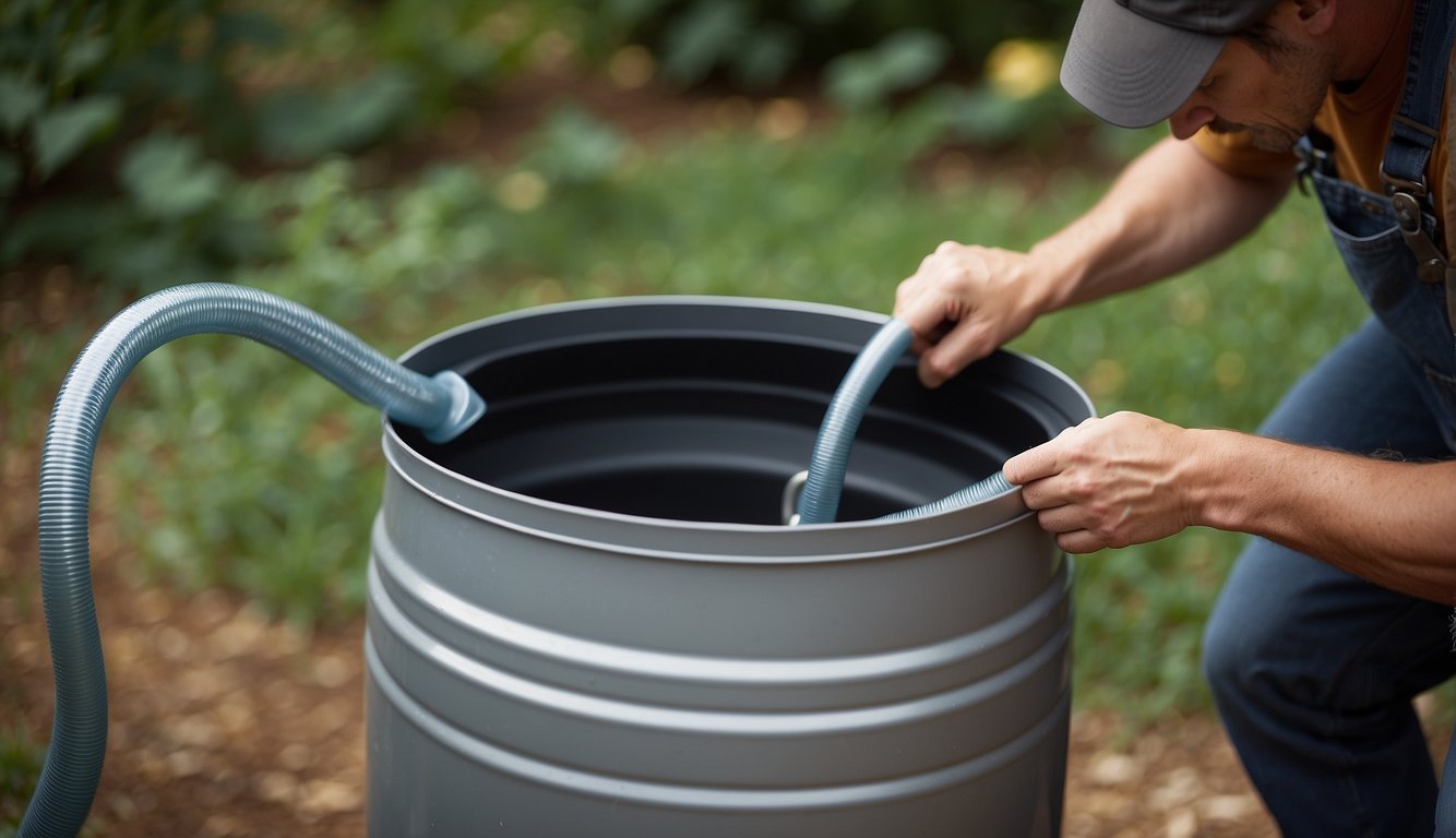 A person unscrews the rain barrel lid, inspects for debris, and uses a hose to flush out any clogs. They check for leaks and make repairs as needed