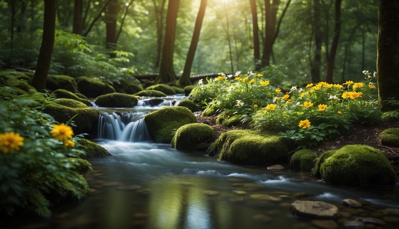 A serene forest with a flowing stream, surrounded by lush greenery and vibrant flowers. The air is pure and fresh, symbolizing the natural cleansing power of eco-friendly air solutions