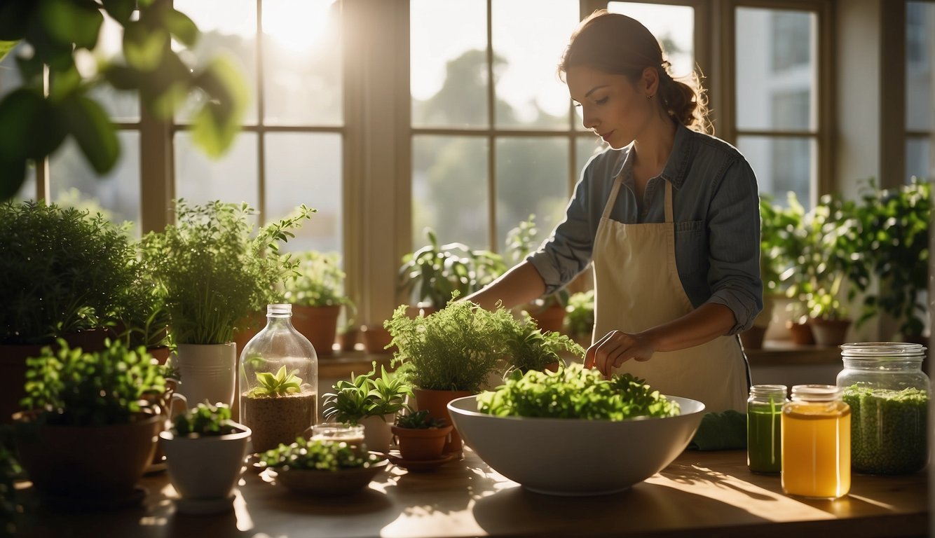 A person mixing natural ingredients in a bowl, surrounded by eco-friendly cleaning products and plants. Sunlight streams in through a window, highlighting the scene