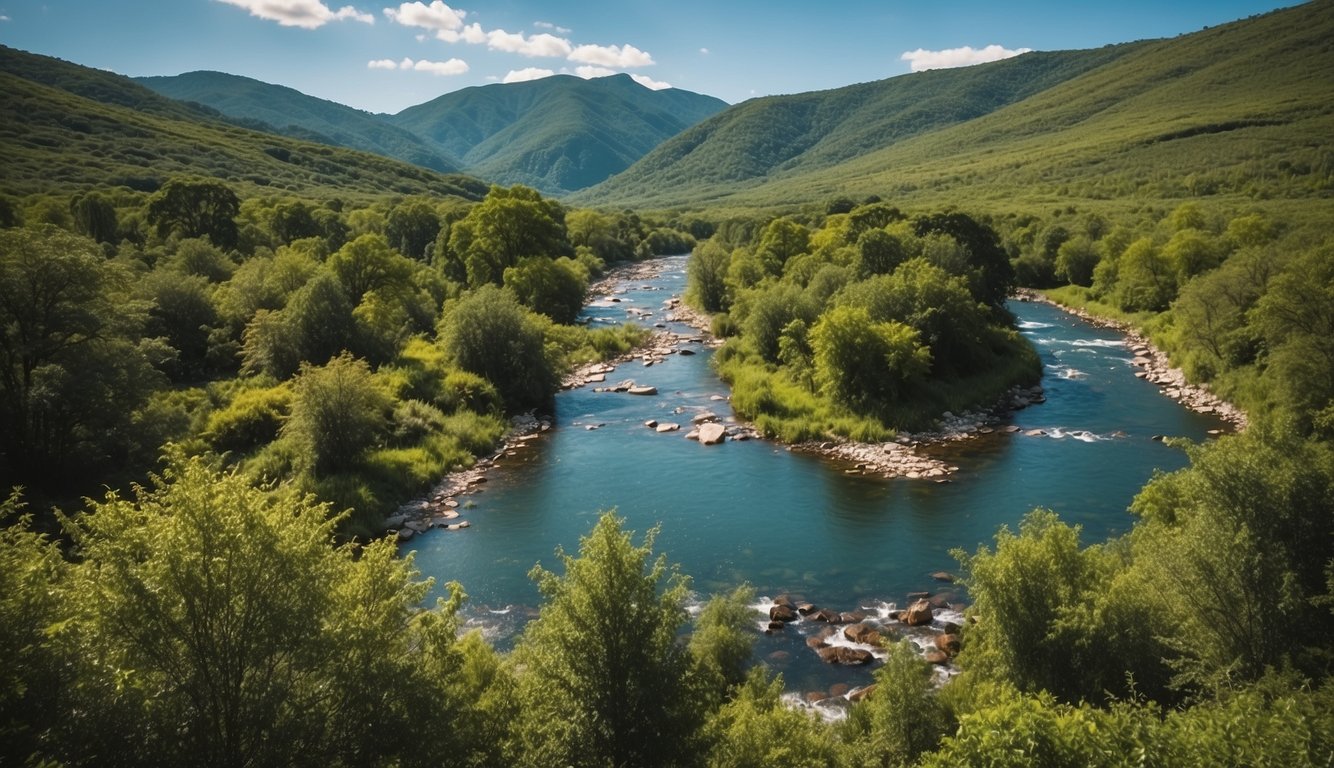 A lush green landscape with clear blue skies, a pristine river flowing through, and wildlife thriving, while eco-friendly air cleansing solutions are being used in the background