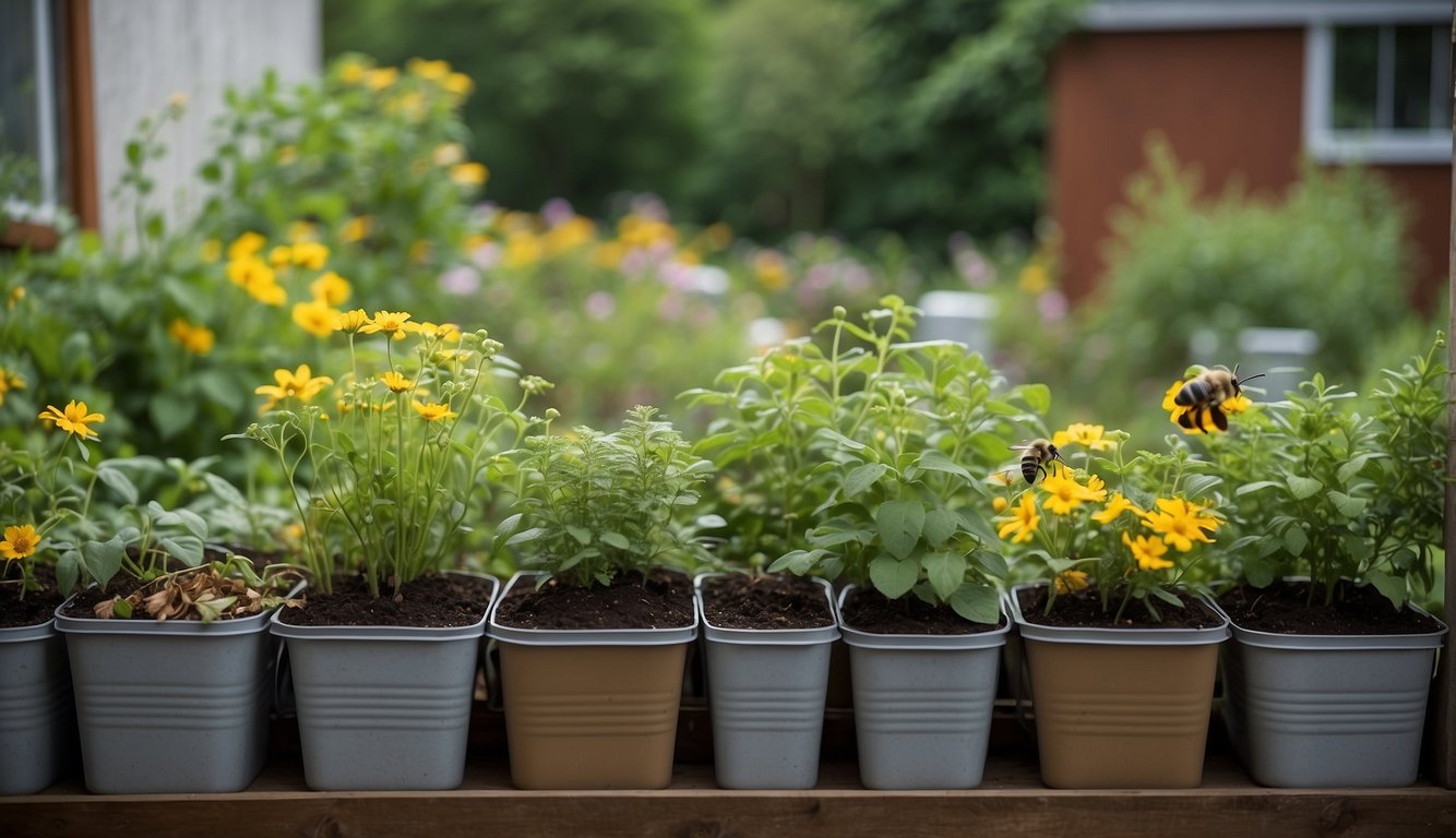 Lush green plants grow in repurposed containers, surrounded by recycled materials and compost bins. Bees and butterflies flutter among the flowers, while a small rainwater collection system waters the garden