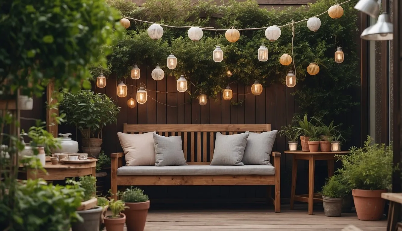 A cozy garden corner with repurposed furniture. A wooden bench and table surrounded by potted plants and hanging lanterns