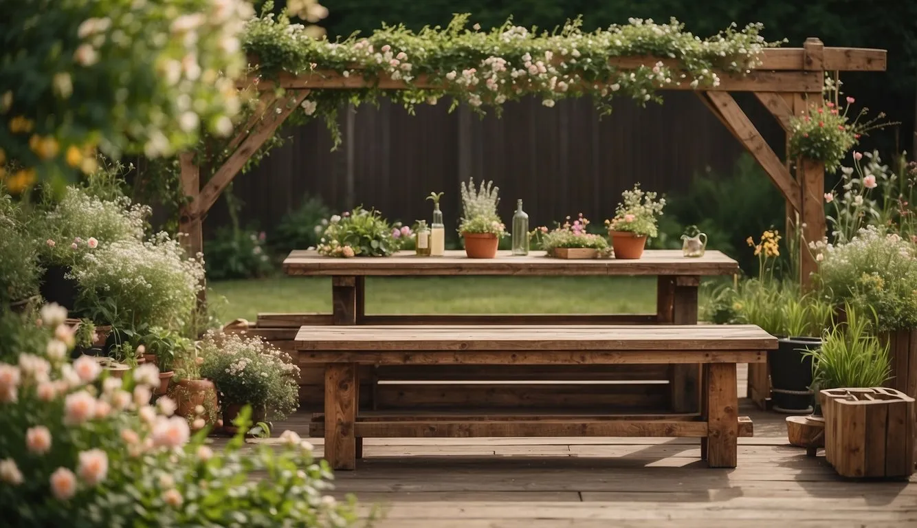 A rustic outdoor setting with repurposed garden furniture, surrounded by blooming flowers and lush greenery. The furniture includes a handmade bench, a table made from reclaimed wood, and creatively repurposed planters