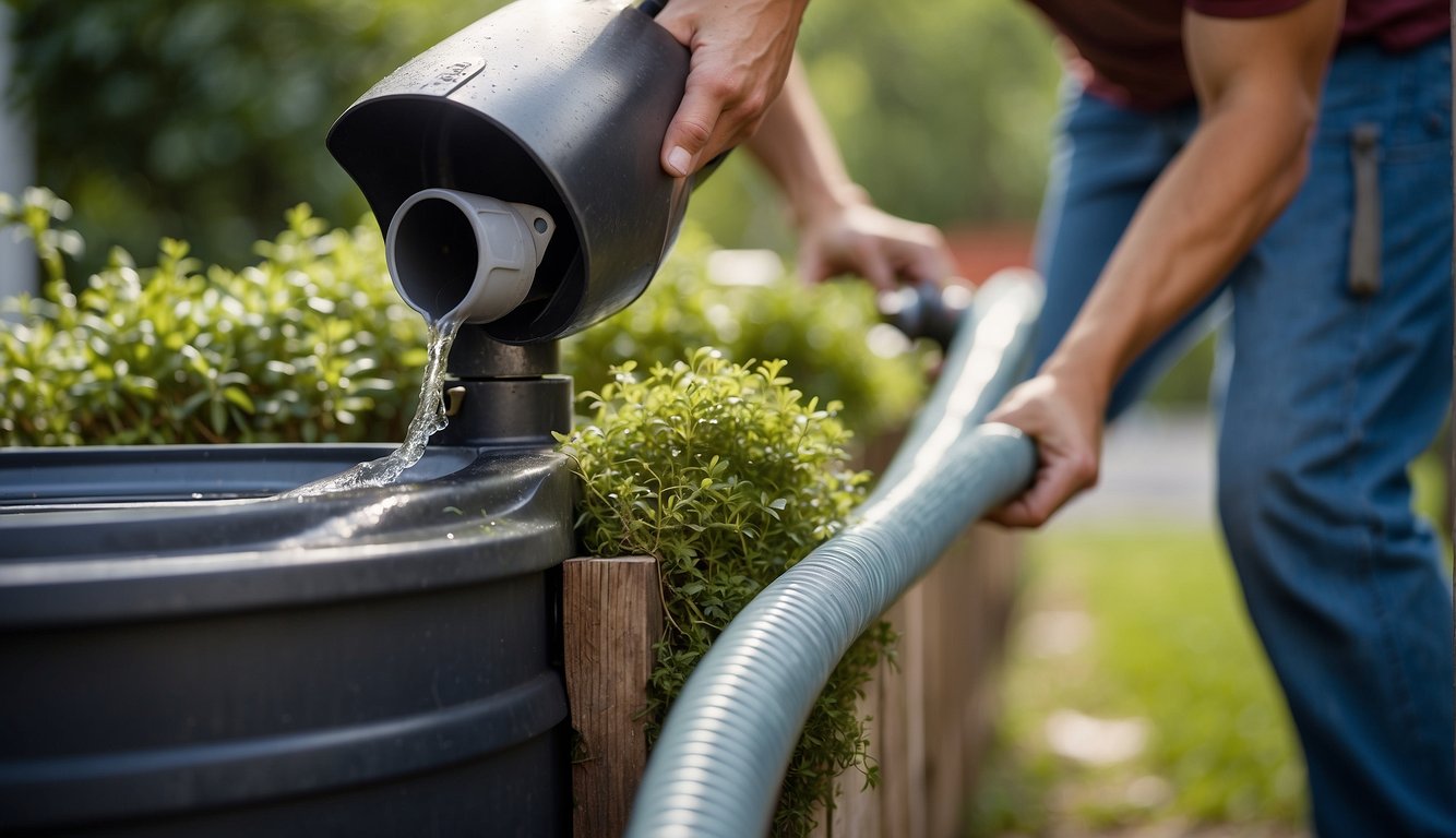 A person cutting a downspout to fit a rain barrel. A hose is attached to the barrel's spigot. The barrel sits under a gutter