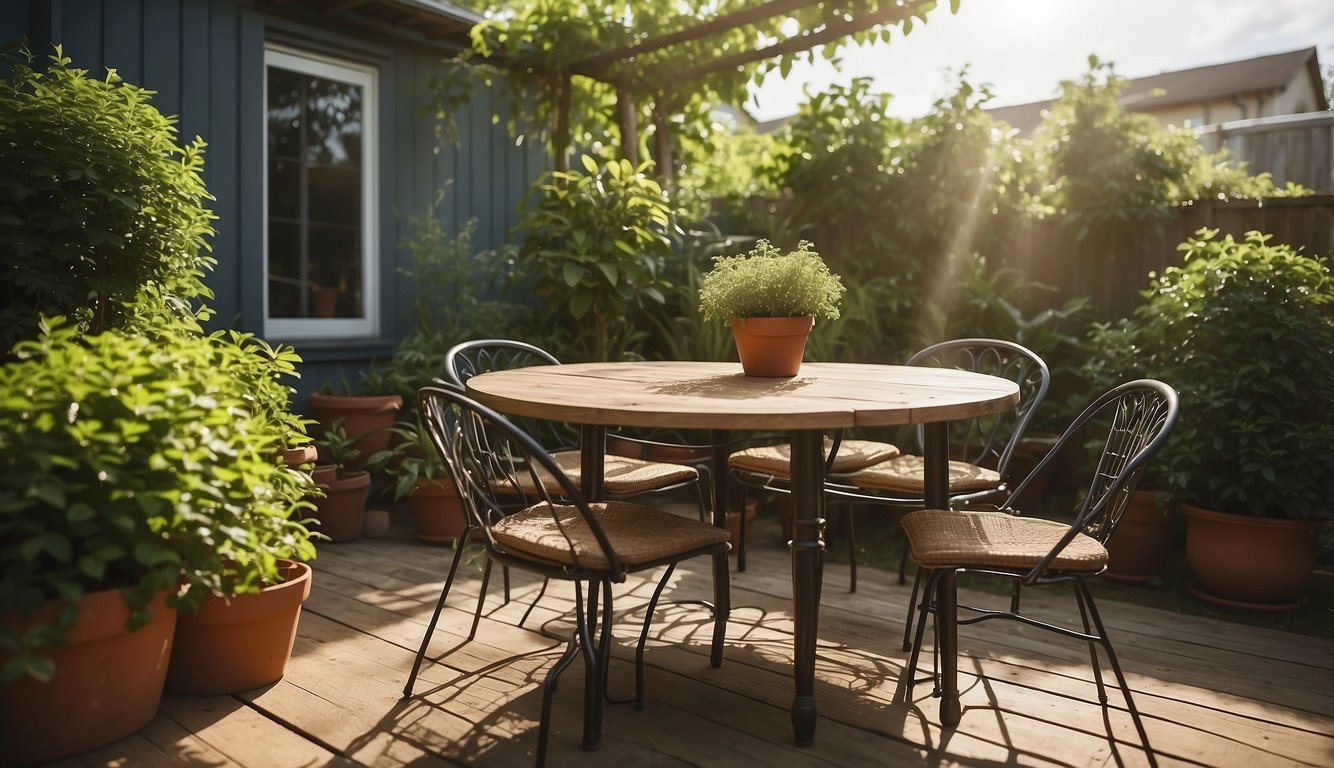A sunny backyard with a table and chairs made from repurposed materials, surrounded by lush greenery and potted plants