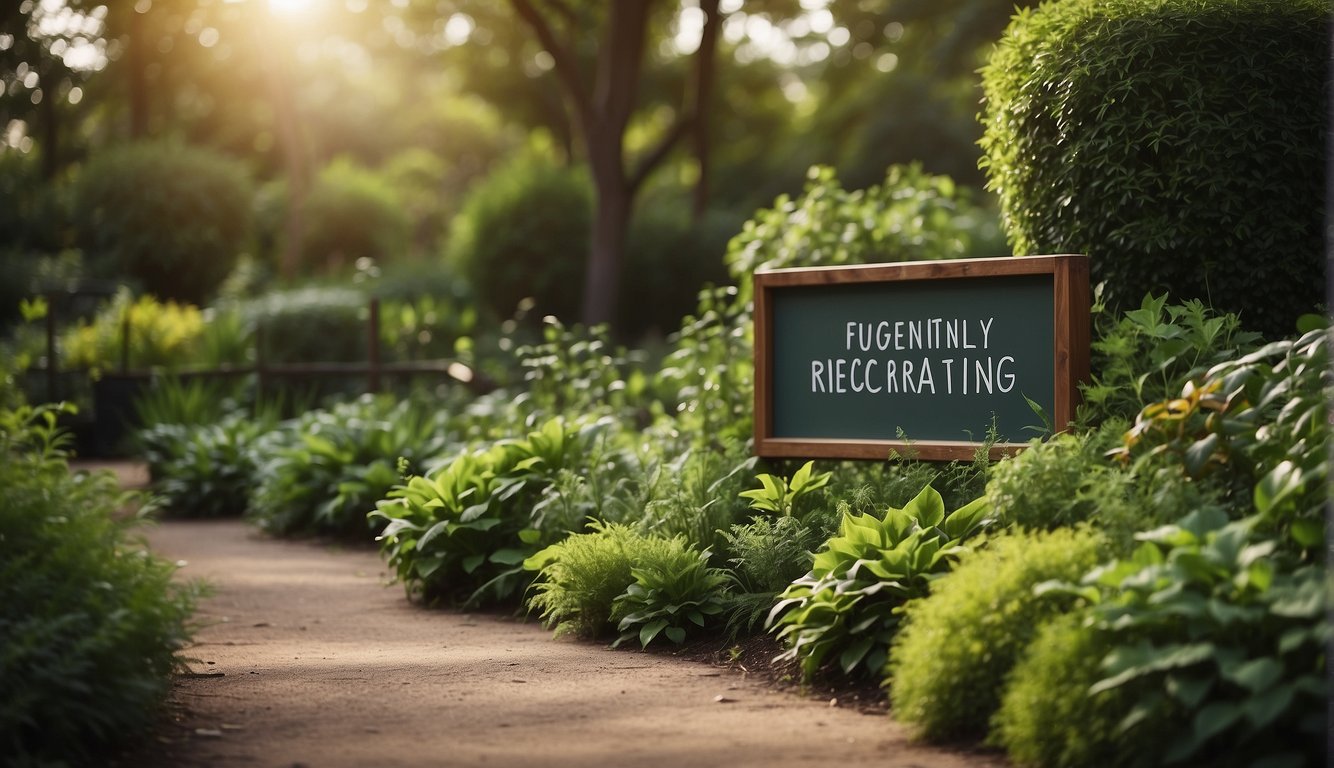 Lush greenery surrounds a sign labeled "Frequently Asked Questions Green Space Recrafting." The area is filled with vibrant plants and a sense of tranquility