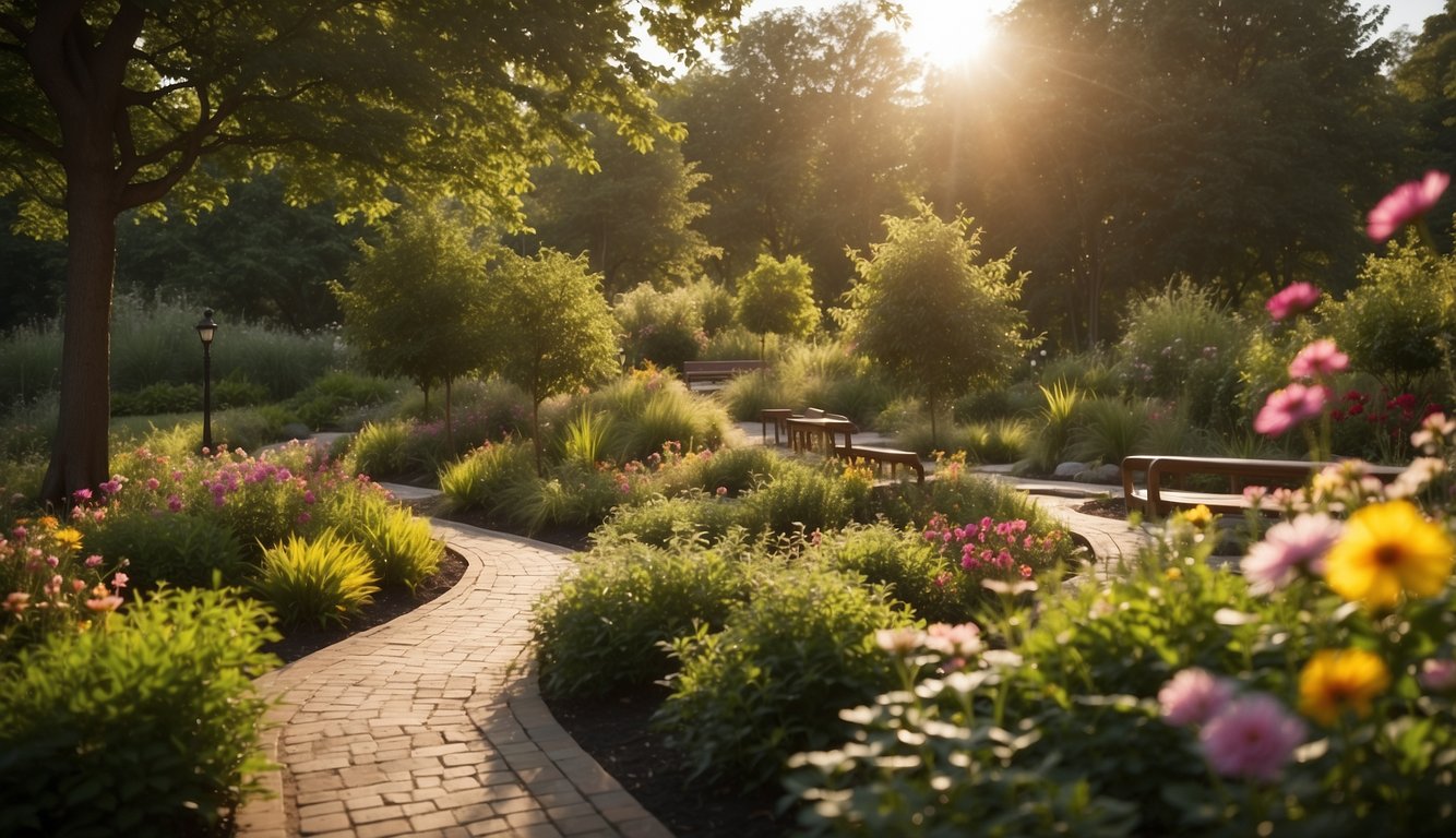 Lush greenery and vibrant flowers fill the newly revitalized green space, with winding paths and peaceful seating areas. The sun shines down, casting a warm glow over the rejuvenated landscape