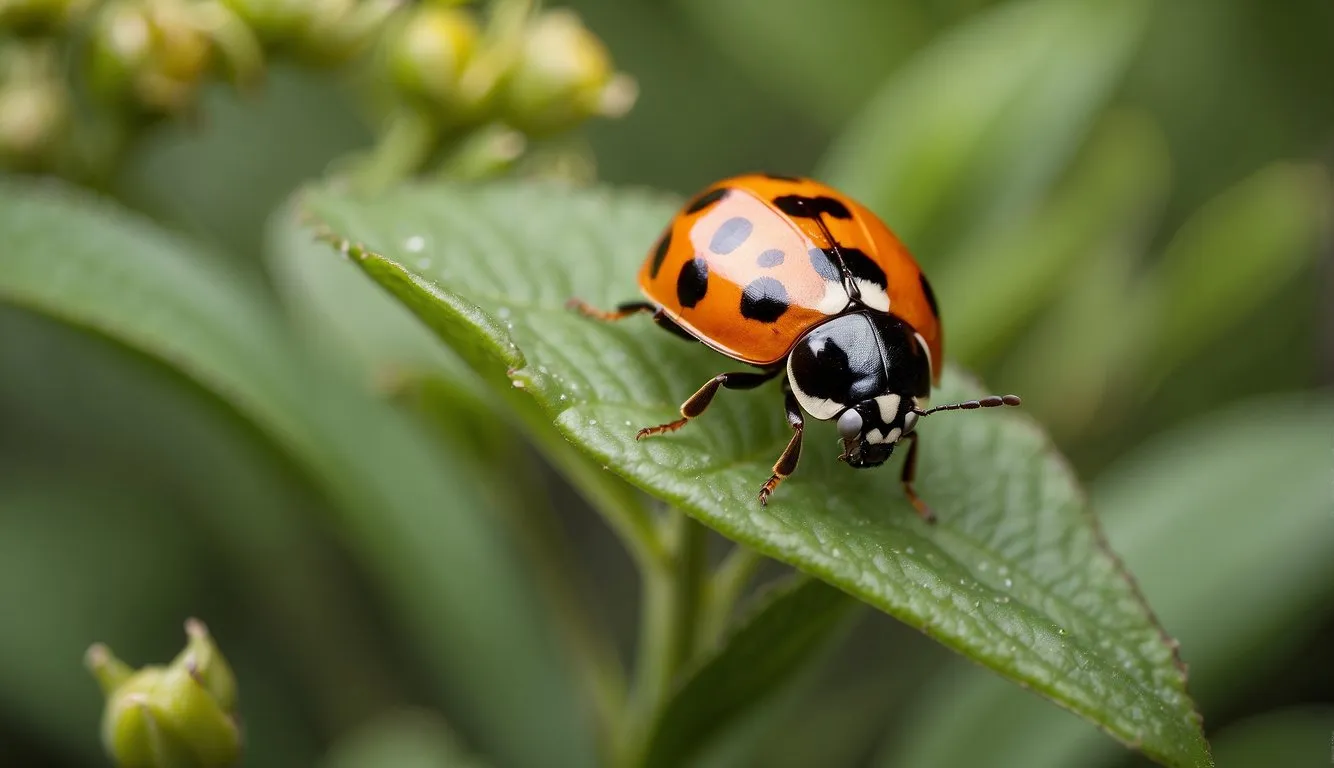 A garden with ladybugs, bees, and butterflies amidst thriving plants, with natural pest control methods like companion planting and insect hotels