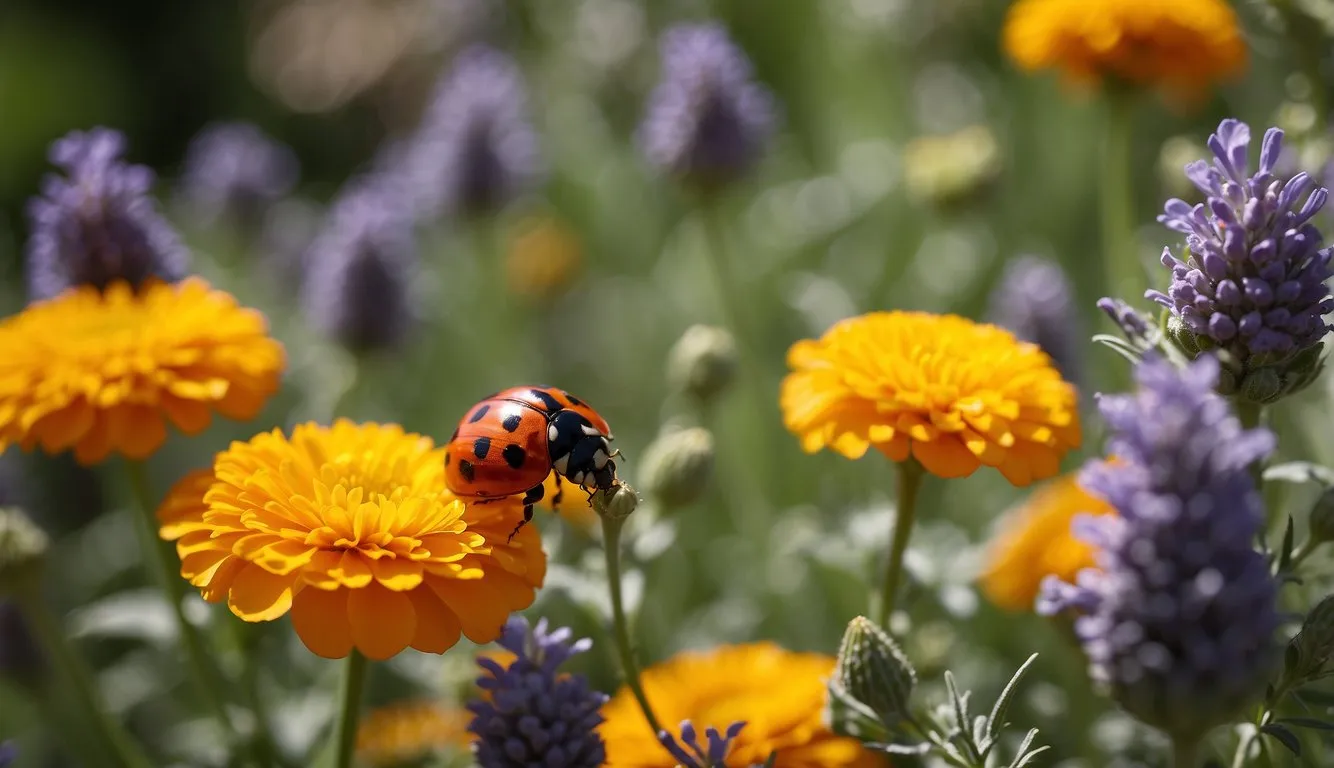 A garden with ladybugs, praying mantises, and birds, surrounded by plants like marigolds and lavender. No chemical sprays in sight