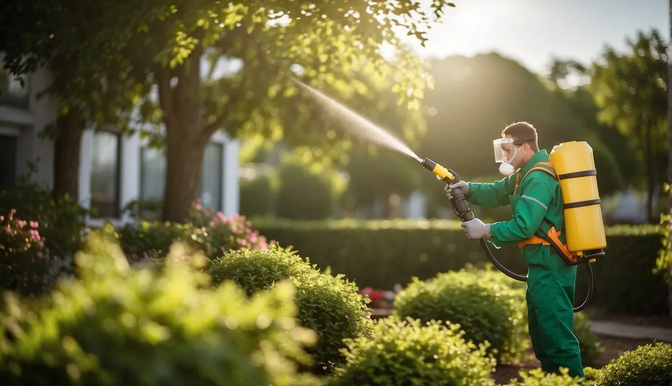 A pest control technician sprays eco-friendly insecticide on a garden, while a sign promotes sustainable bug control for public health